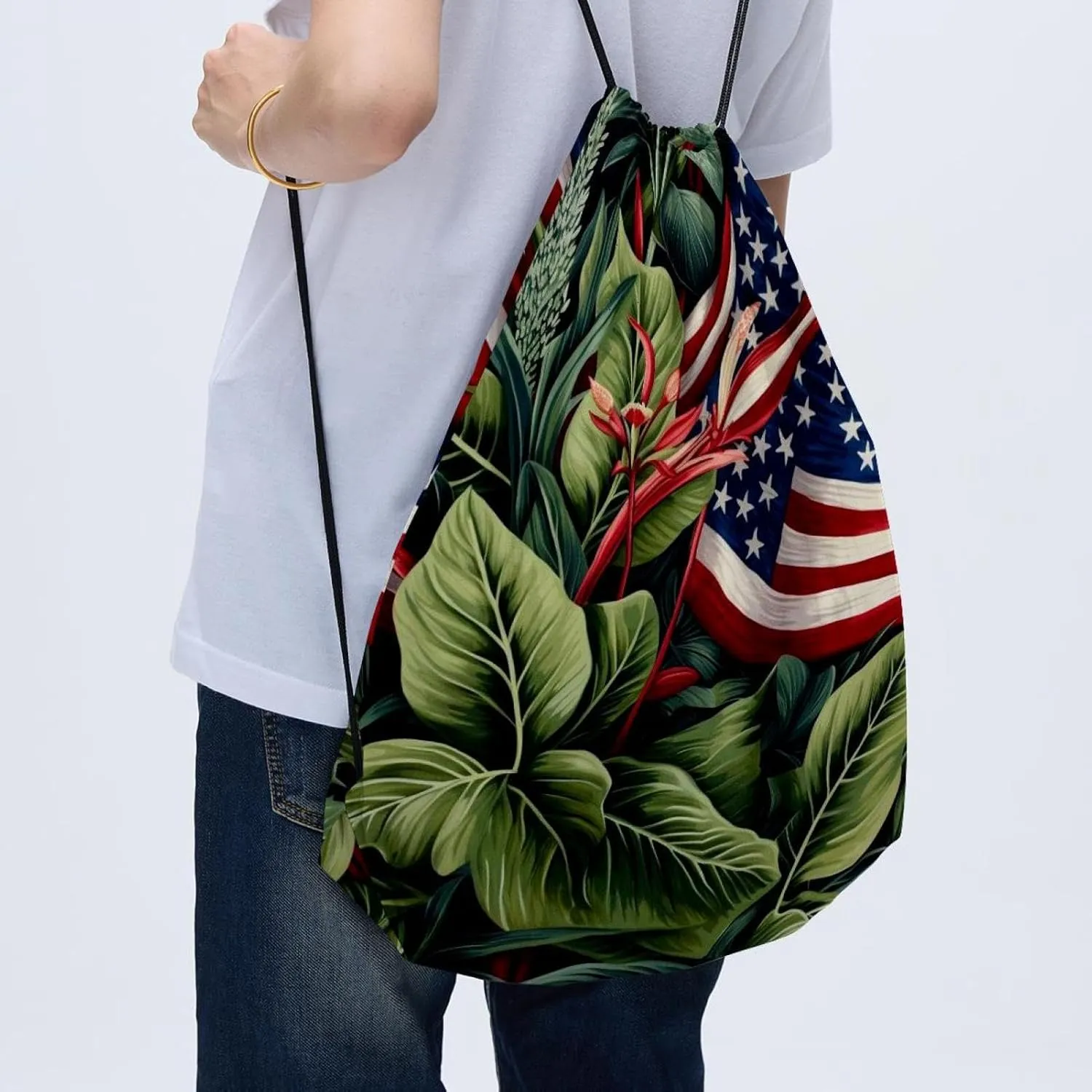 2 Pcs American Flag Plant Drawstring Backpack Drawstring Gym Bag Draw String Bag for Sports, Gym, Travel, Swimming, Beach