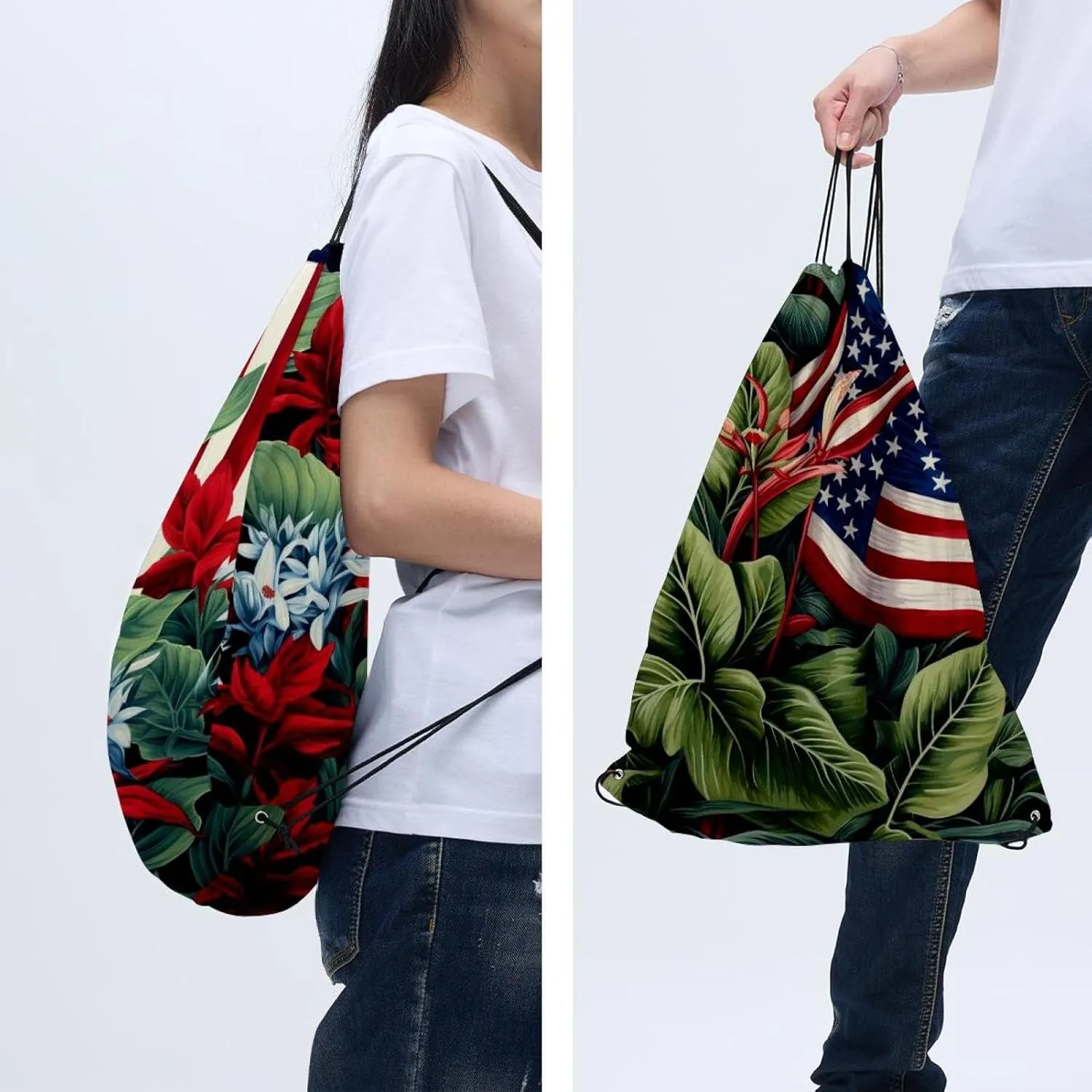 2 Pcs American Flag Plant Drawstring Backpack Drawstring Gym Bag Draw String Bag for Sports, Gym, Travel, Swimming, Beach