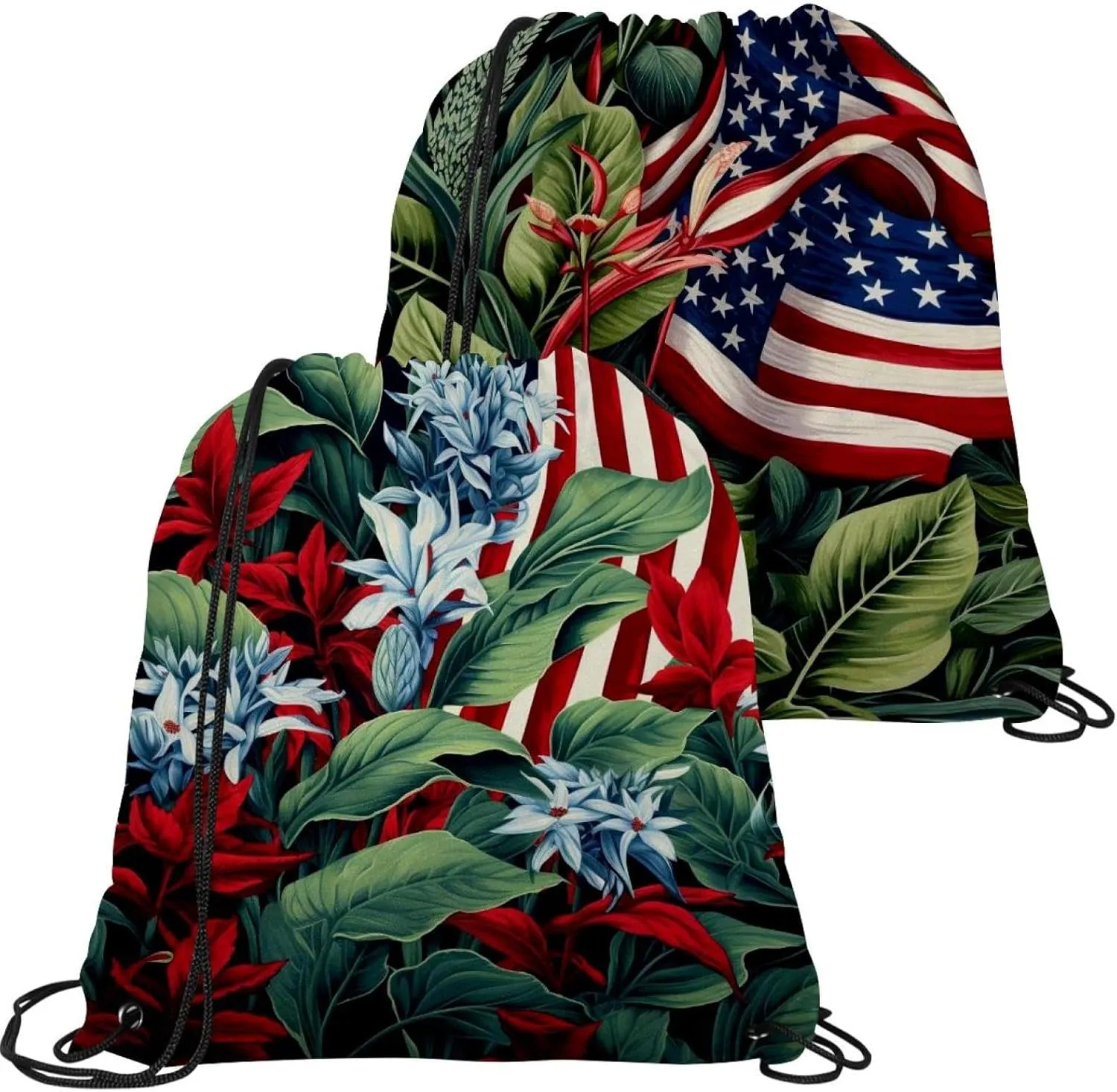 2 Pcs American Flag Plant Drawstring Backpack Drawstring Gym Bag Draw String Bag for Sports, Gym, Travel, Swimming, Beach