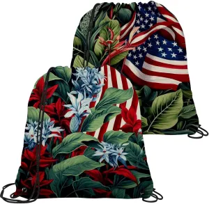 2 Pcs American Flag Plant Drawstring Backpack Drawstring Gym Bag Draw String Bag for Sports, Gym, Travel, Swimming, Beach