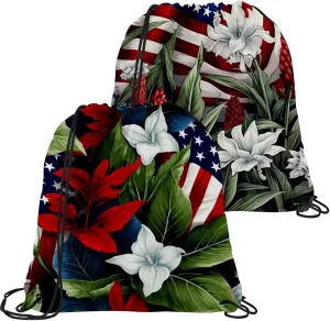 2 Pcs American Flag Plant Drawstring Backpack String Bag Sports Sack pack Gym Sack Side Pocket for Men Women
