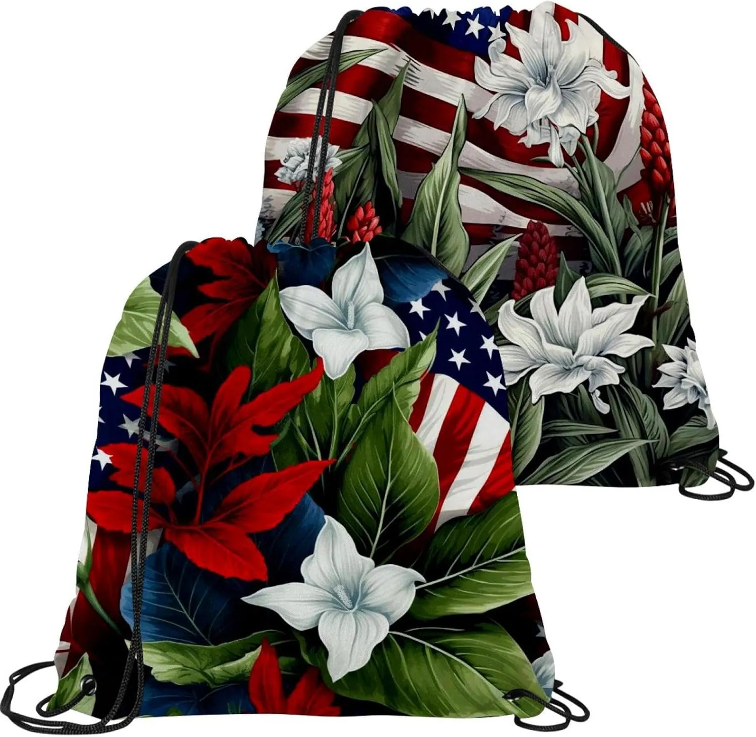 2 Pcs American Flag Plant Drawstring Backpack String Bag Sports Sack pack Gym Sack Side Pocket for Men Women