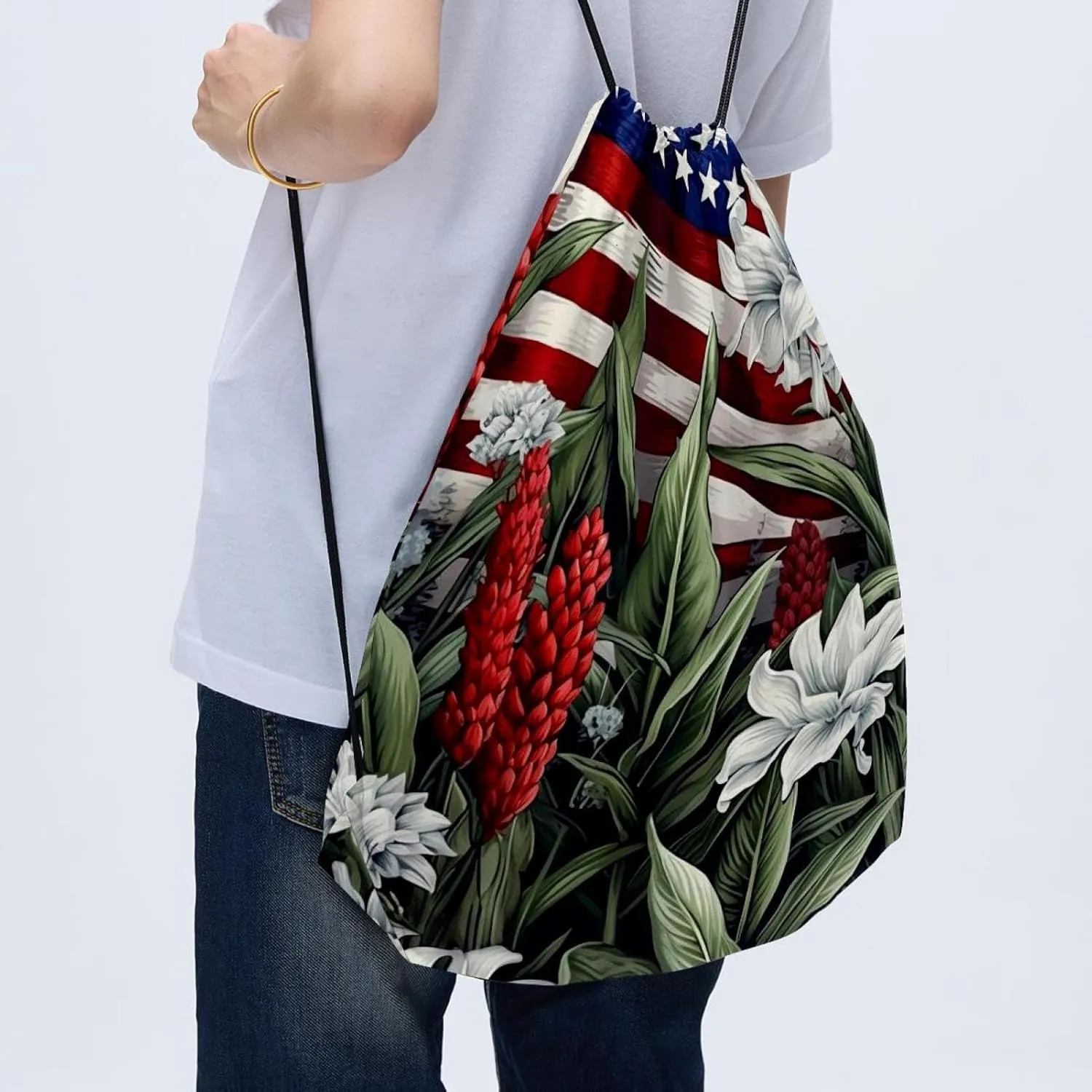 2 Pcs American Flag Plant Drawstring Backpack String Bag Sports Sack pack Gym Sack Side Pocket for Men Women