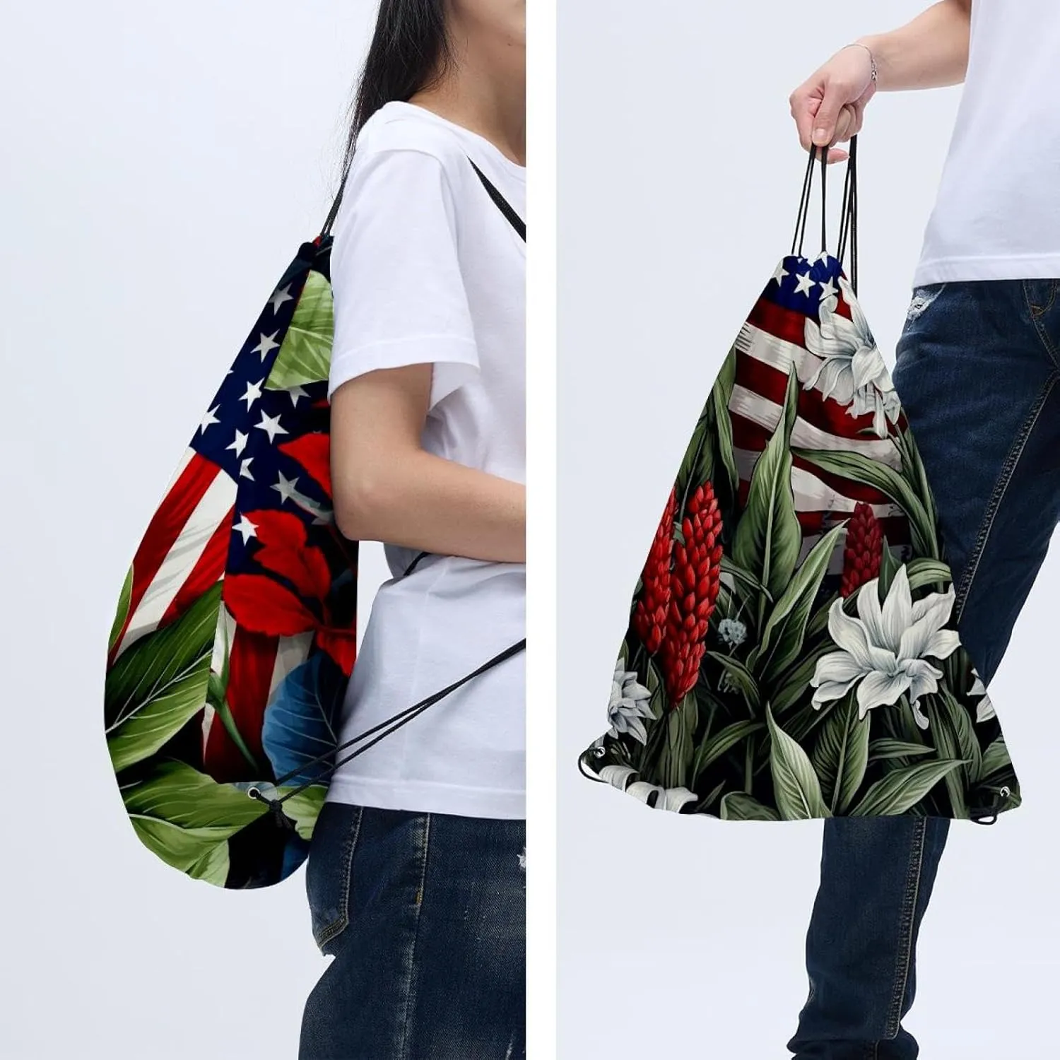 2 Pcs American Flag Plant Drawstring Backpack String Bag Sports Sack pack Gym Sack Side Pocket for Men Women