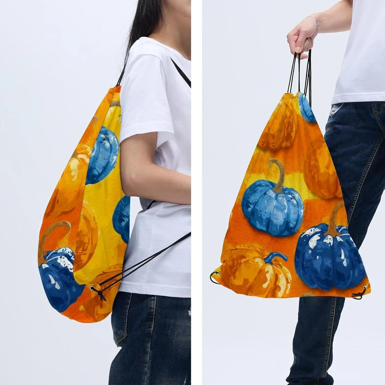2 Pcs Bright Pumpkins on White Background 2_4 Drawstring Backpack String Bag Sports Sack pack Gym Sack Side Pocket for Men Women