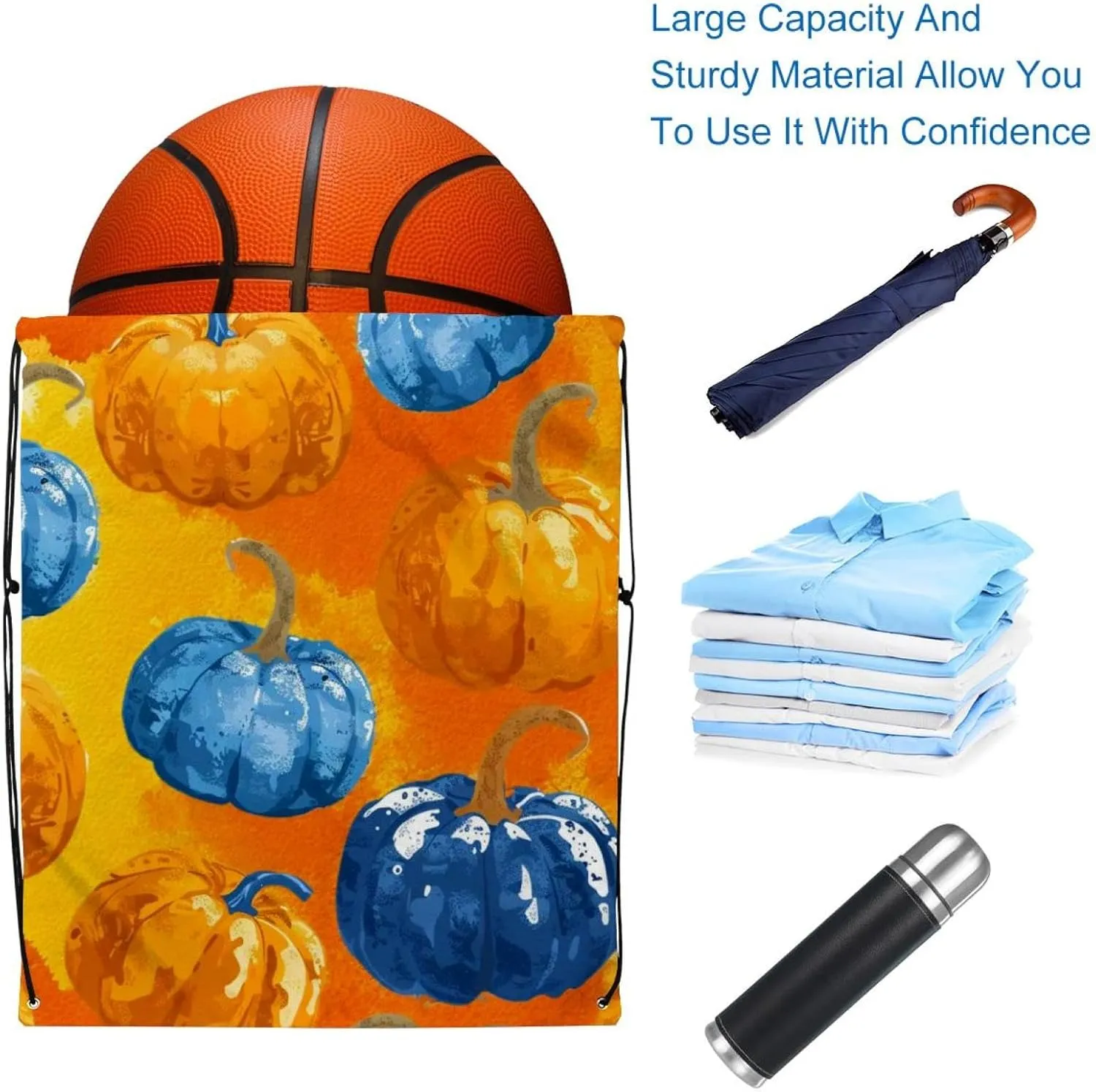 2 Pcs Bright Pumpkins on White Background 2_4 Drawstring Backpack String Bag Sports Sack pack Gym Sack Side Pocket for Men Women