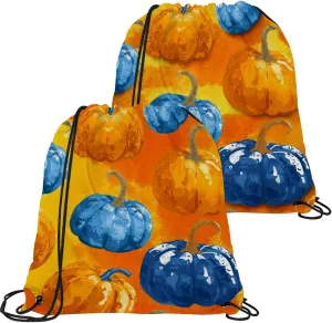 2 Pcs Bright Pumpkins on White Background 2_4 Drawstring Backpack String Bag Sports Sack pack Gym Sack Side Pocket for Men Women