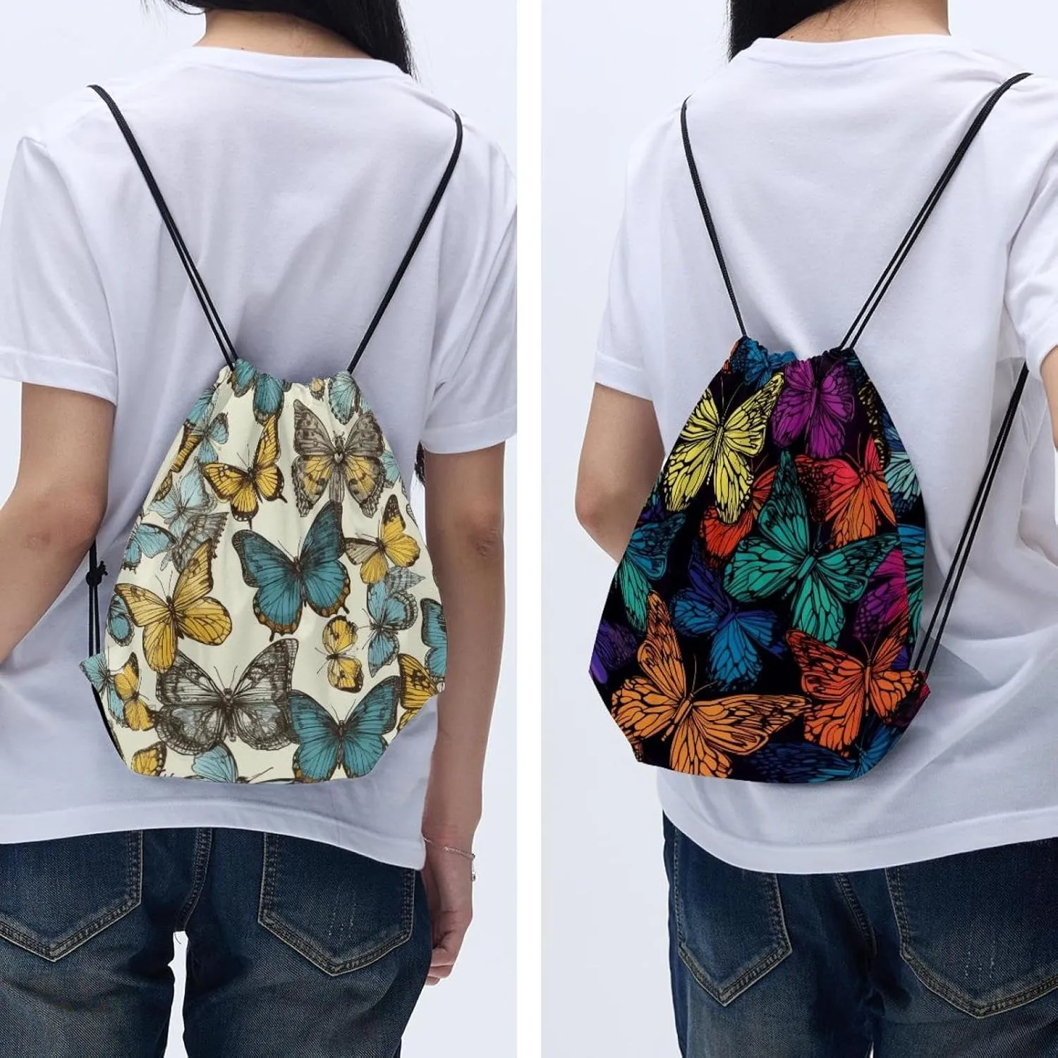 2 Pcs Butterfly Drawstring Backpack String Bag Sports Sack pack Gym Sack Side Pocket for Men Women