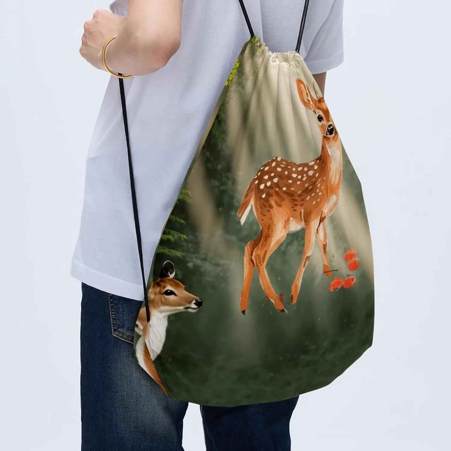 2 Pcs Christmas Deer Fawn Pine Tree Branch Berry Leaf 3_5 Drawstring Backpack String Bag Sports Sack pack Gym Sack Side Pocket for Men Women
