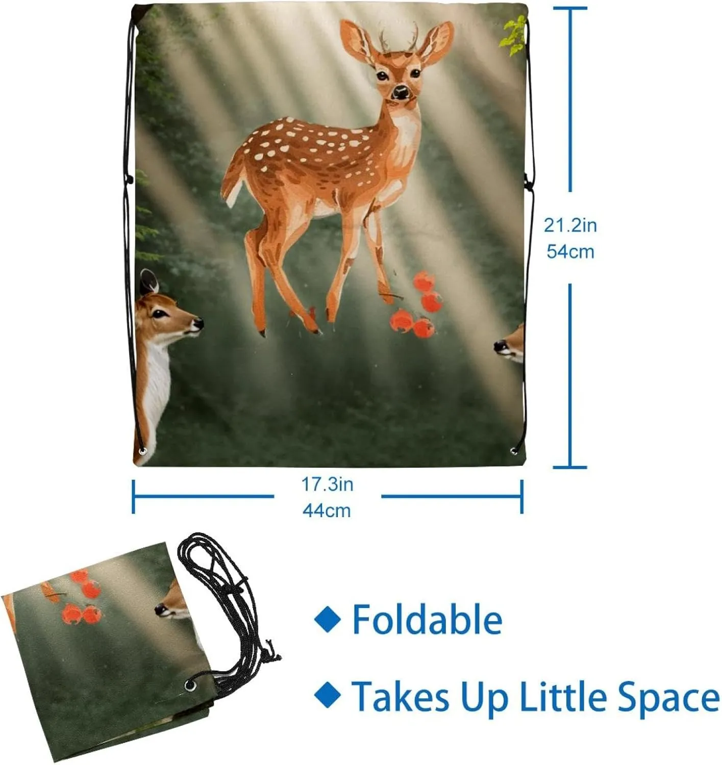 2 Pcs Christmas Deer Fawn Pine Tree Branch Berry Leaf 3_5 Drawstring Backpack String Bag Sports Sack pack Gym Sack Side Pocket for Men Women