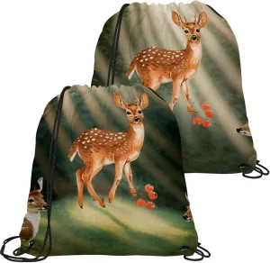2 Pcs Christmas Deer Fawn Pine Tree Branch Berry Leaf 3_5 Drawstring Backpack String Bag Sports Sack pack Gym Sack Side Pocket for Men Women