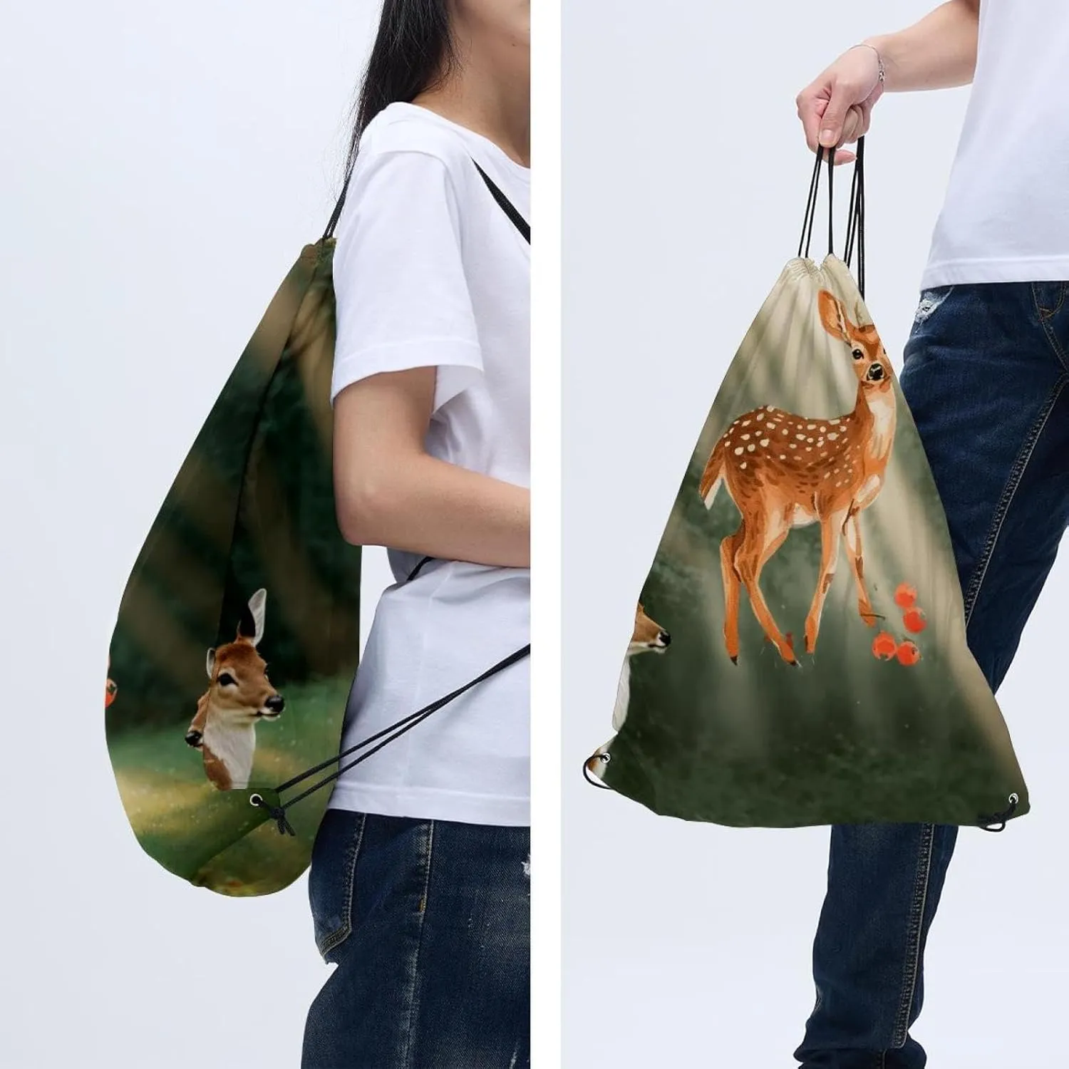 2 Pcs Christmas Deer Fawn Pine Tree Branch Berry Leaf 3_5 Drawstring Backpack String Bag Sports Sack pack Gym Sack Side Pocket for Men Women