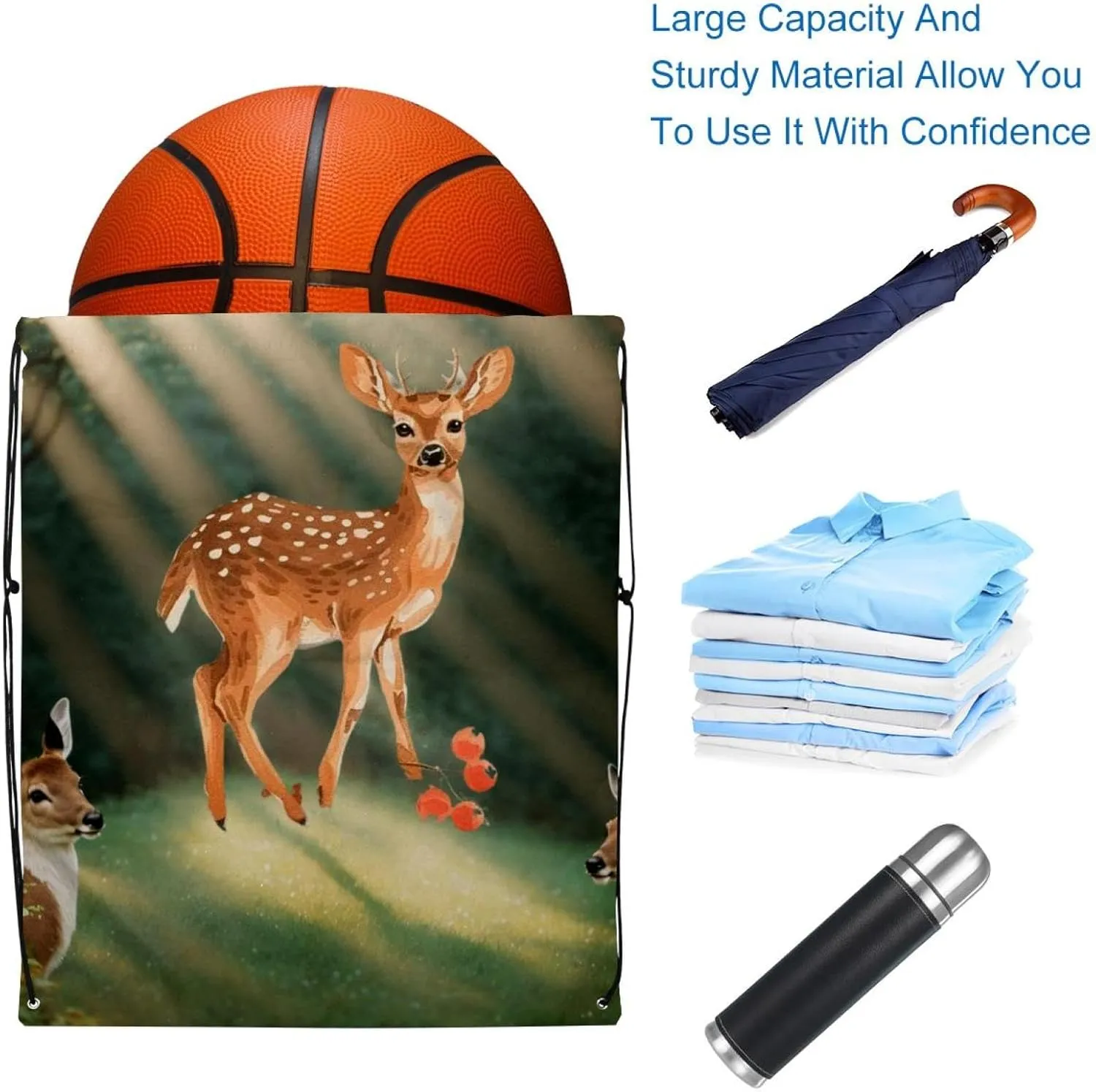2 Pcs Christmas Deer Fawn Pine Tree Branch Berry Leaf 3_5 Drawstring Backpack String Bag Sports Sack pack Gym Sack Side Pocket for Men Women