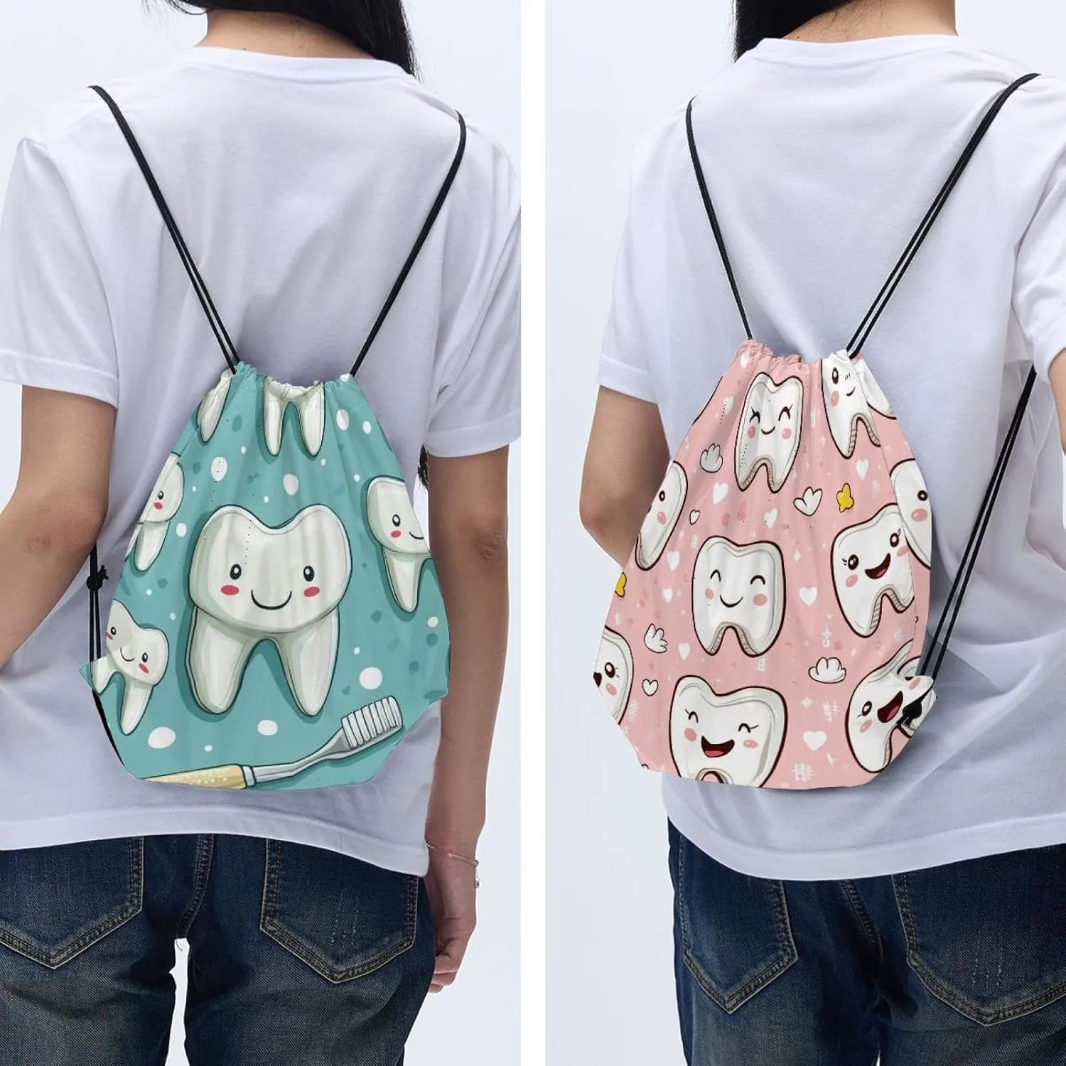 2 Pcs Cute Teeth Drawstring Backpack Drawstring Gym Bag Draw String Bag for Sports, Gym, Travel, Swimming, Beach
