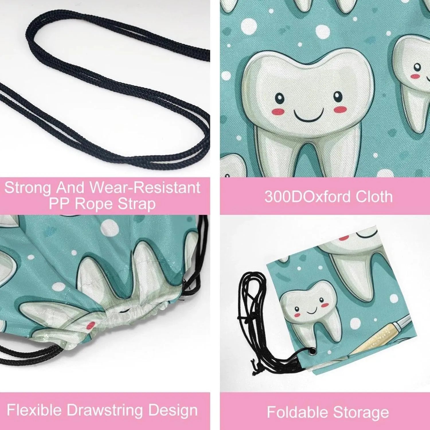 2 Pcs Cute Teeth Drawstring Backpack Drawstring Gym Bag Draw String Bag for Sports, Gym, Travel, Swimming, Beach