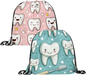 2 Pcs Cute Teeth Drawstring Backpack Drawstring Gym Bag Draw String Bag for Sports, Gym, Travel, Swimming, Beach