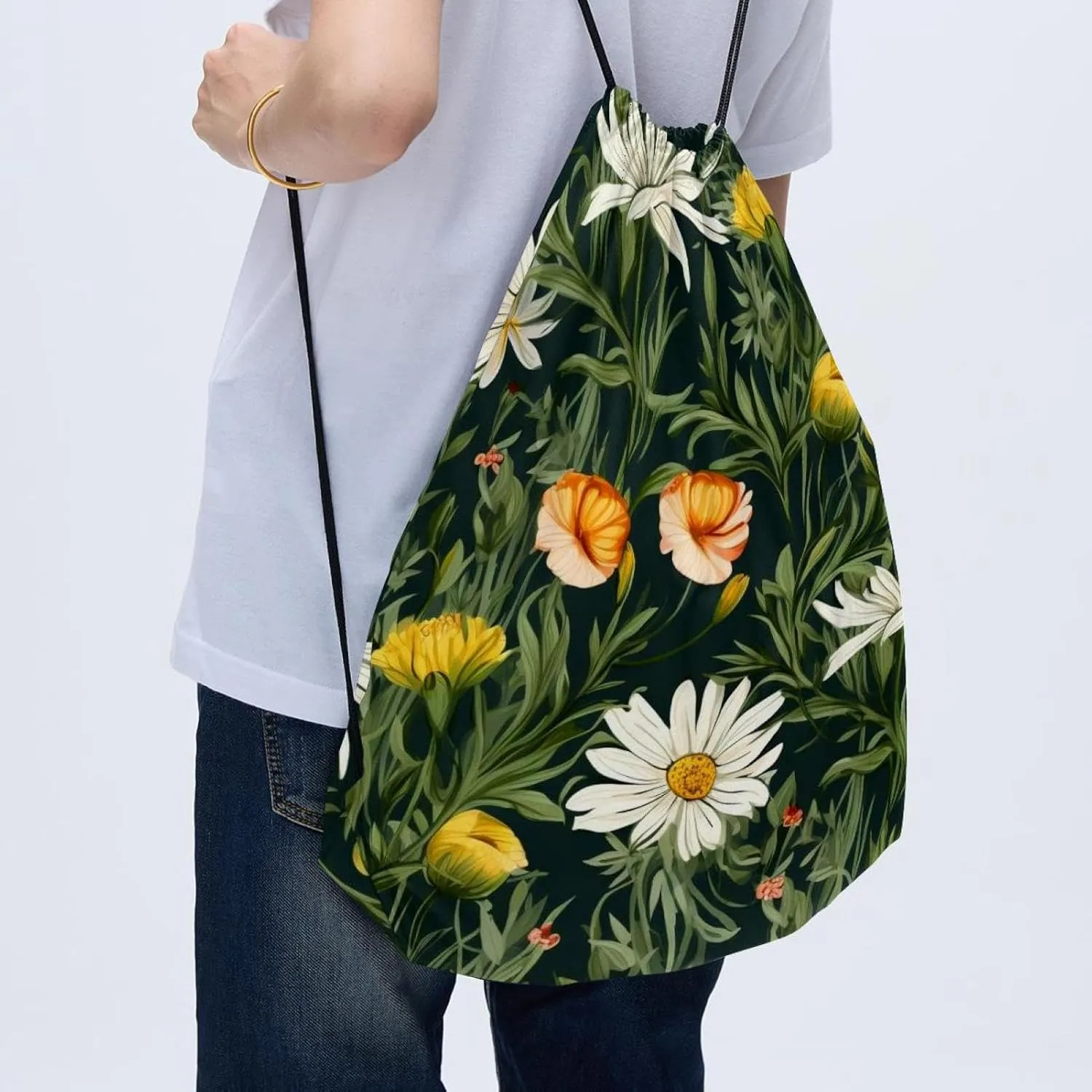 2 Pcs Floral Flower Drawstring Backpack String Bag Sports Sack pack Gym Sack Side Pocket for Men Women
