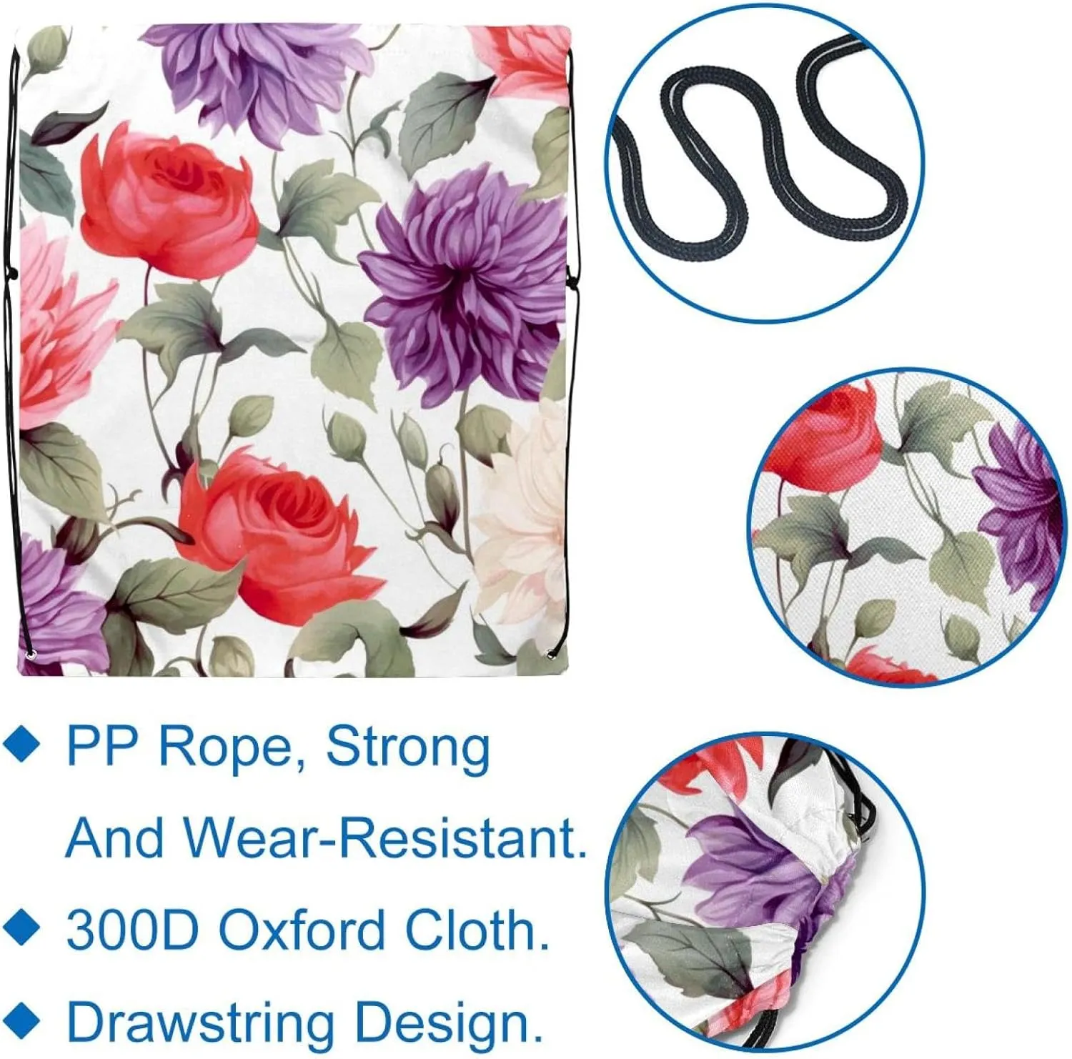 2 Pcs Floral Flower Drawstring Backpack String Bag Sports Sack pack Gym Sack Side Pocket for Men Women