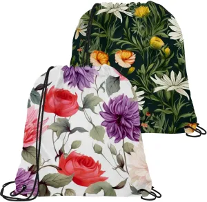 2 Pcs Floral Flower Drawstring Backpack String Bag Sports Sack pack Gym Sack Side Pocket for Men Women