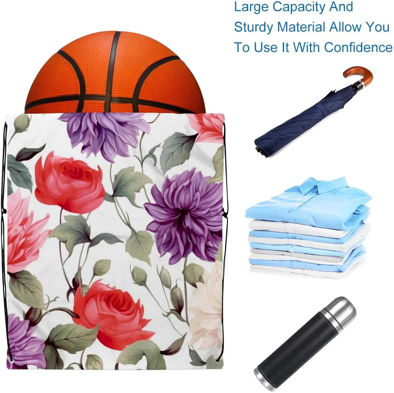 2 Pcs Floral Flower Drawstring Backpack String Bag Sports Sack pack Gym Sack Side Pocket for Men Women