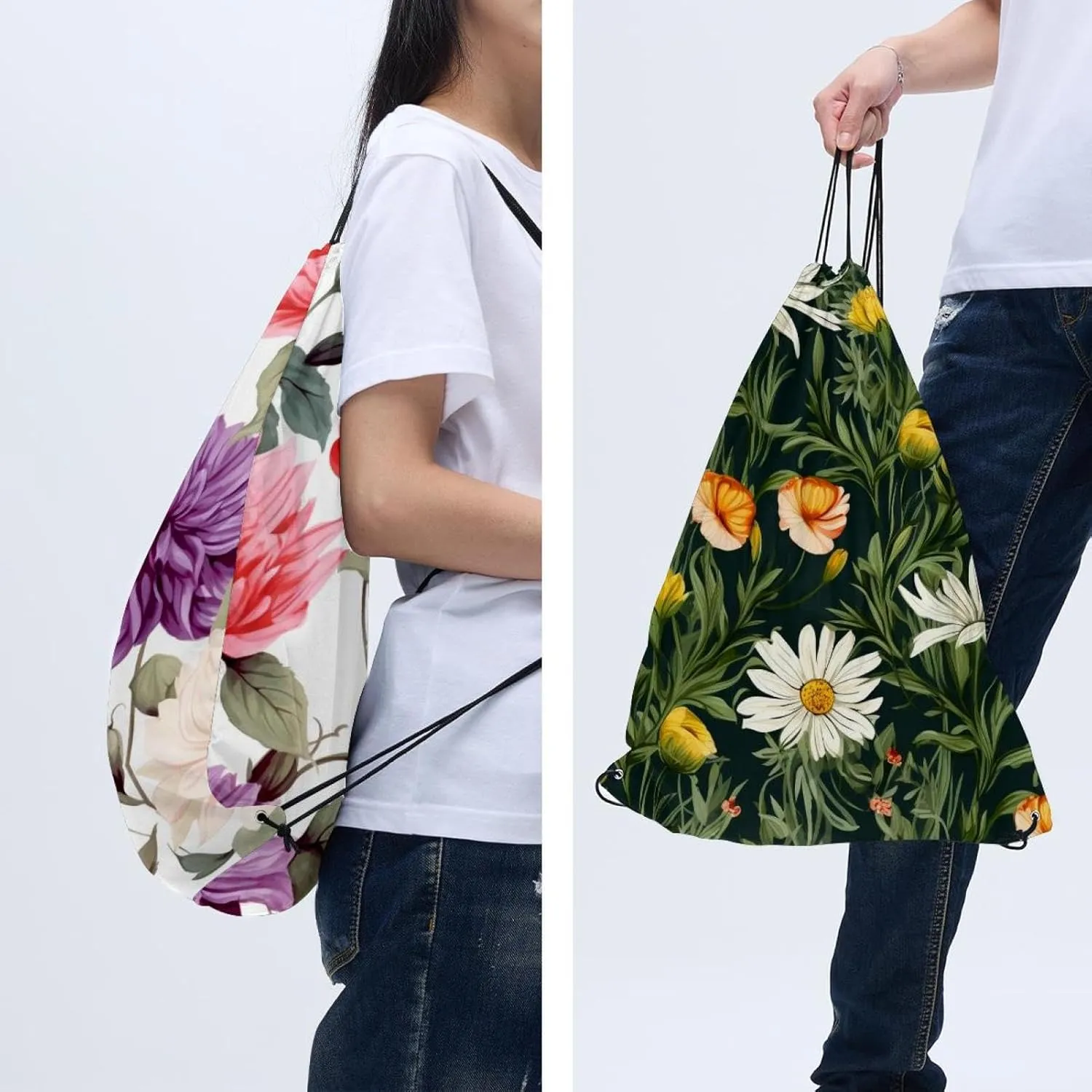 2 Pcs Floral Flower Drawstring Backpack String Bag Sports Sack pack Gym Sack Side Pocket for Men Women