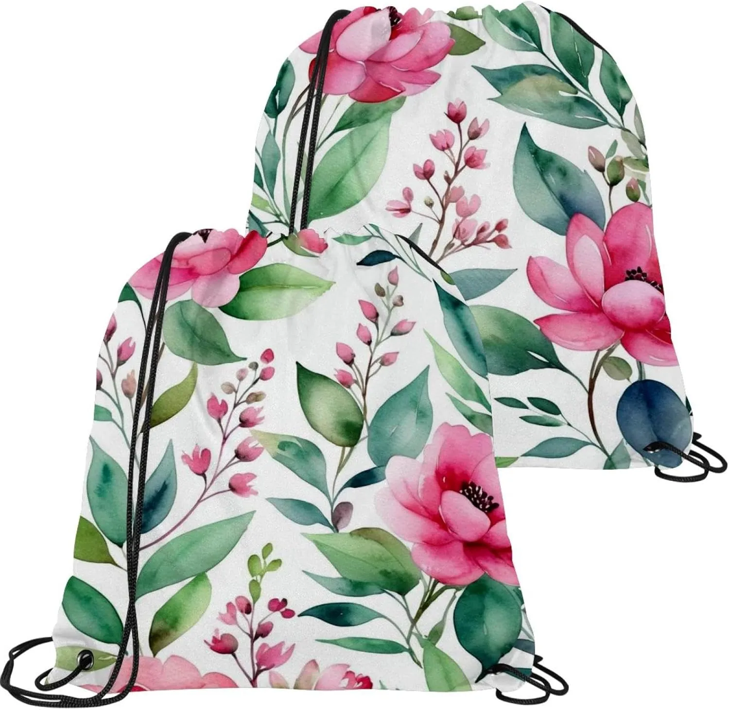 2 Pcs Flowers and Green Leaves Drawstring Backpack Drawstring Gym Bag Draw String Bag for Sports, Gym, Travel, Swimming, Beach