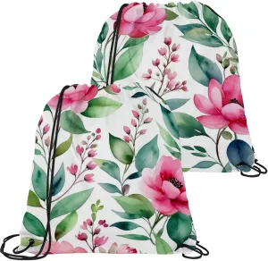 2 Pcs Flowers and Green Leaves Drawstring Backpack Drawstring Gym Bag Draw String Bag for Sports, Gym, Travel, Swimming, Beach