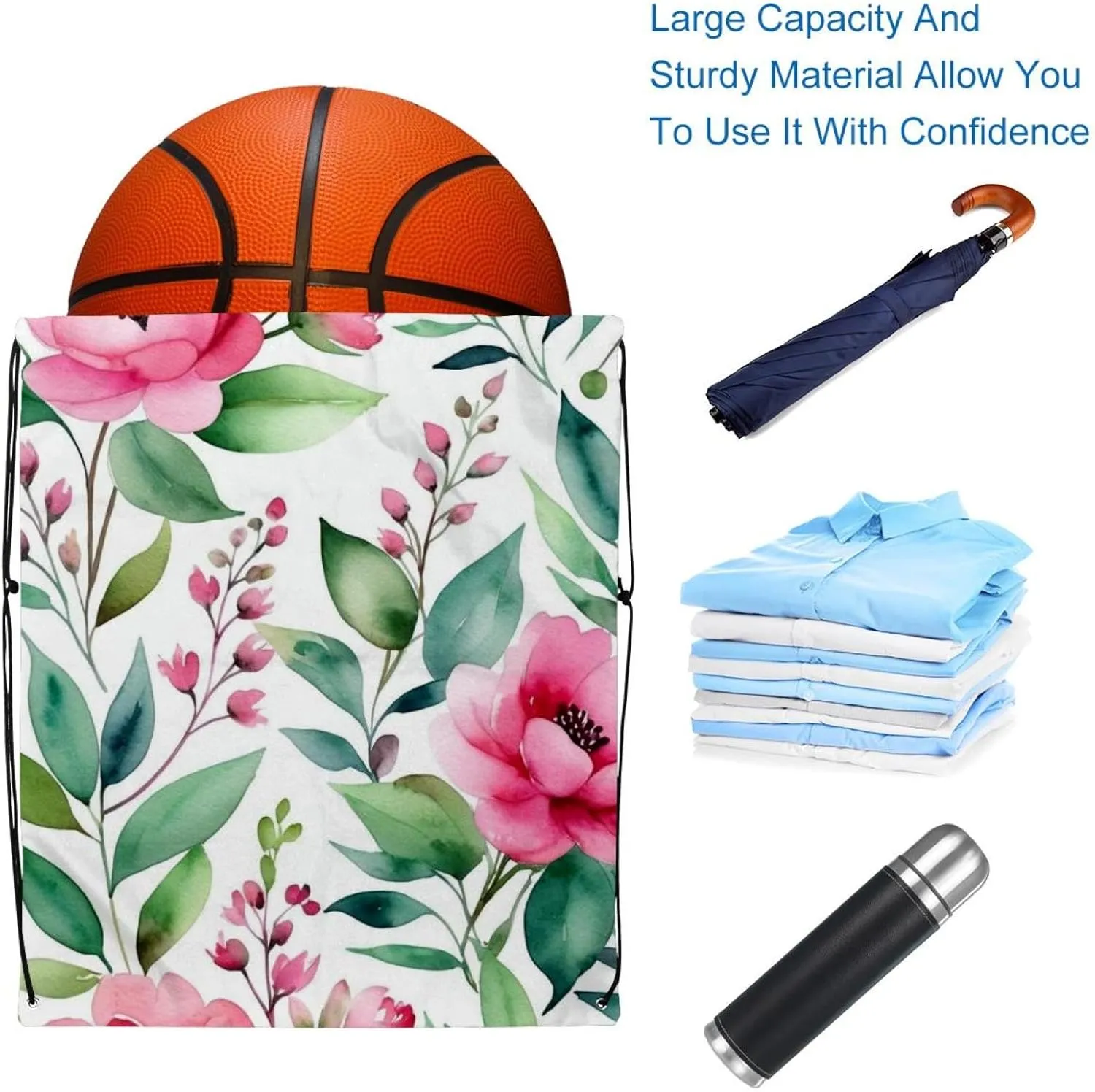 2 Pcs Flowers and Green Leaves Drawstring Backpack Drawstring Gym Bag Draw String Bag for Sports, Gym, Travel, Swimming, Beach