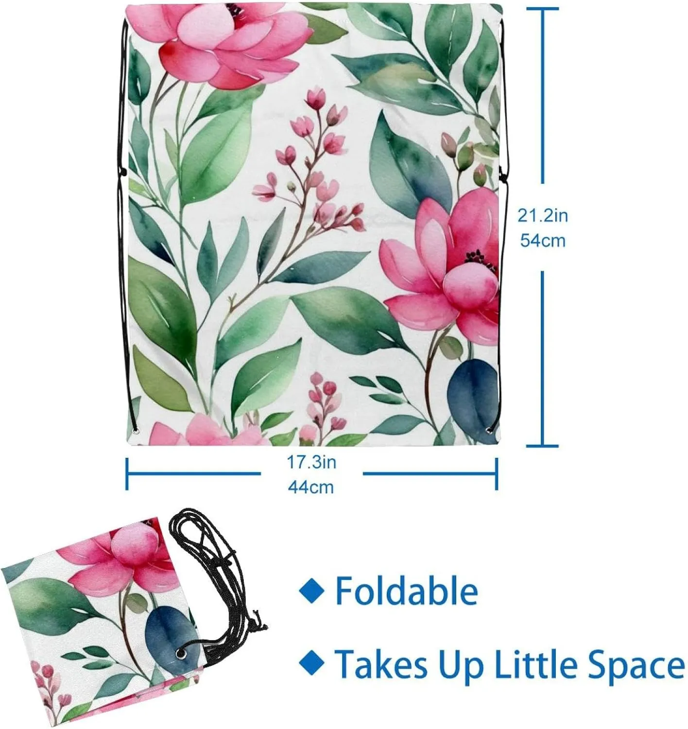 2 Pcs Flowers and Green Leaves Drawstring Backpack Drawstring Gym Bag Draw String Bag for Sports, Gym, Travel, Swimming, Beach