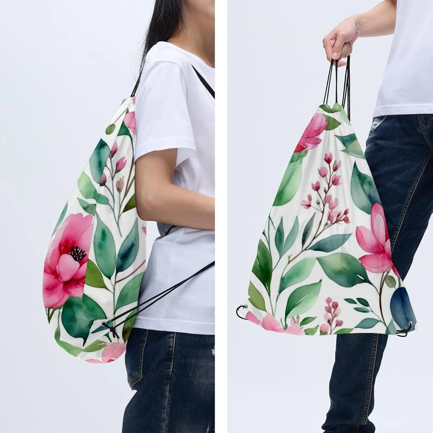2 Pcs Flowers and Green Leaves Drawstring Backpack Drawstring Gym Bag Draw String Bag for Sports, Gym, Travel, Swimming, Beach