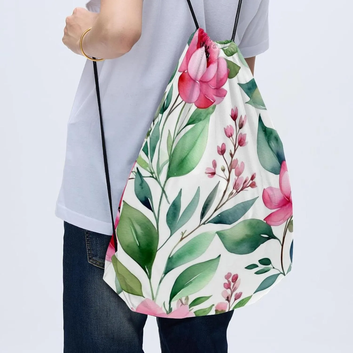 2 Pcs Flowers and Green Leaves Drawstring Backpack Drawstring Gym Bag Draw String Bag for Sports, Gym, Travel, Swimming, Beach