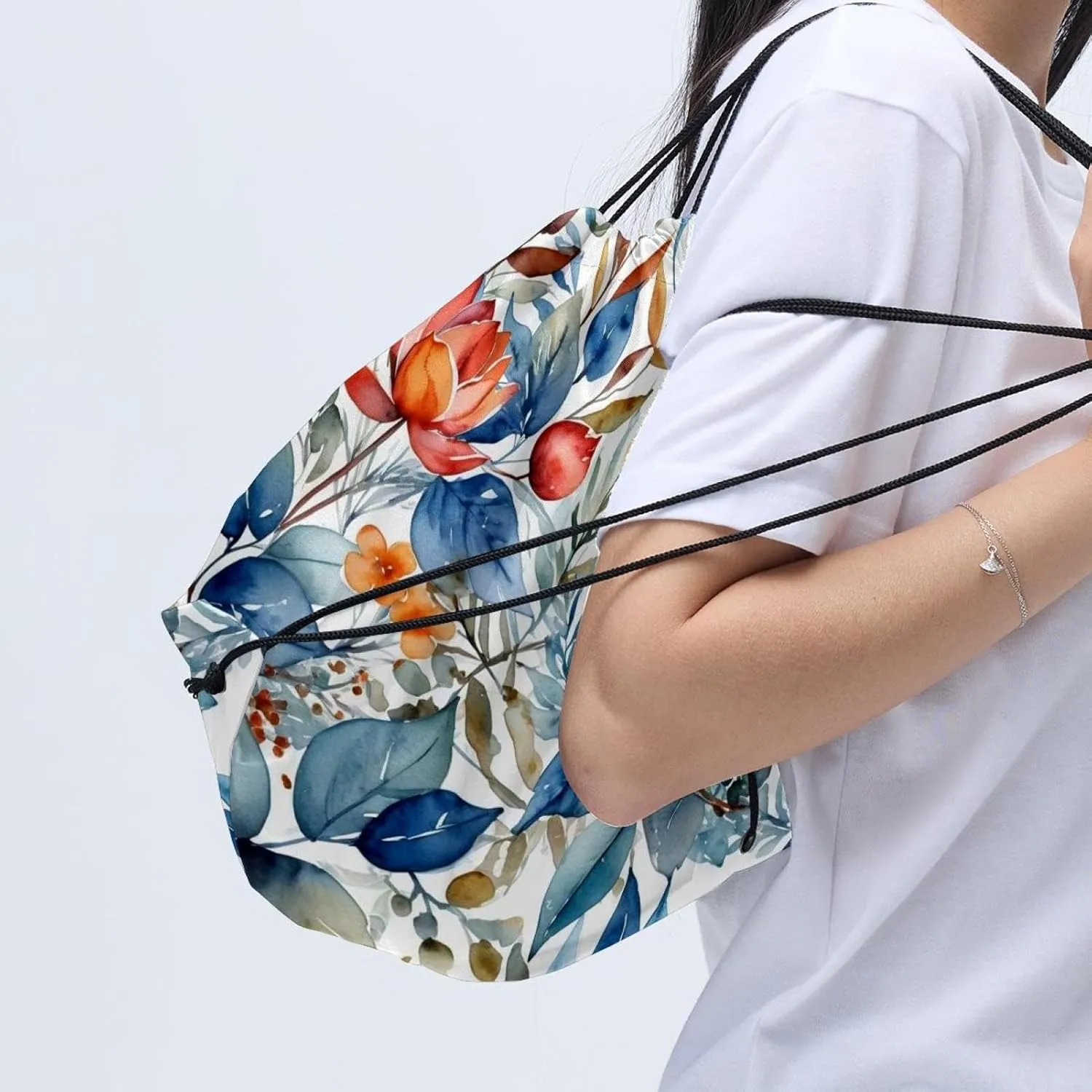2 Pcs Flowers and Green Leaves Drawstring Backpack String Bag Sports Sack pack Gym Sack Side Pocket for Men Women
