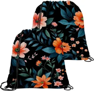 2 Pcs Flowers and Green Leaves Drawstring Backpack String Bag Sports Sack pack Gym Sack Side Pocket for Men Women