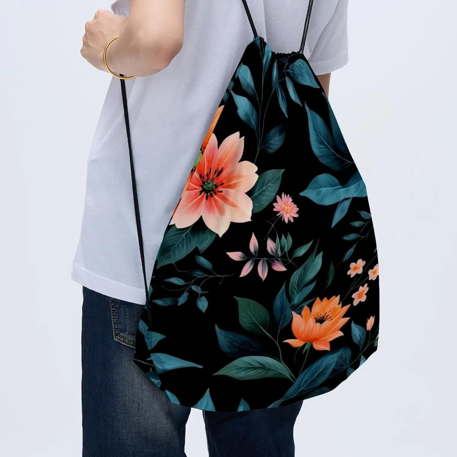 2 Pcs Flowers and Green Leaves Drawstring Backpack String Bag Sports Sack pack Gym Sack Side Pocket for Men Women