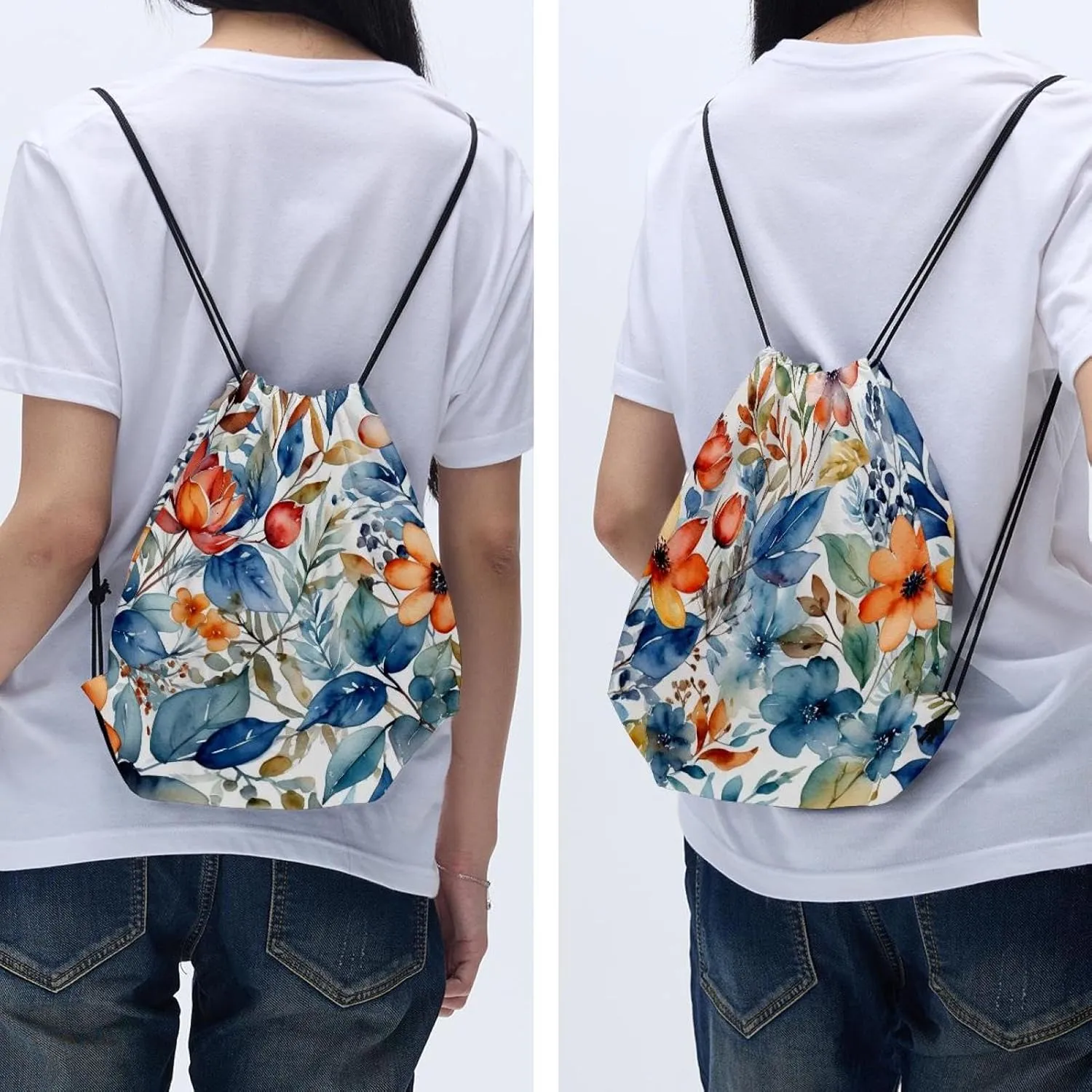 2 Pcs Flowers and Green Leaves Drawstring Backpack String Bag Sports Sack pack Gym Sack Side Pocket for Men Women