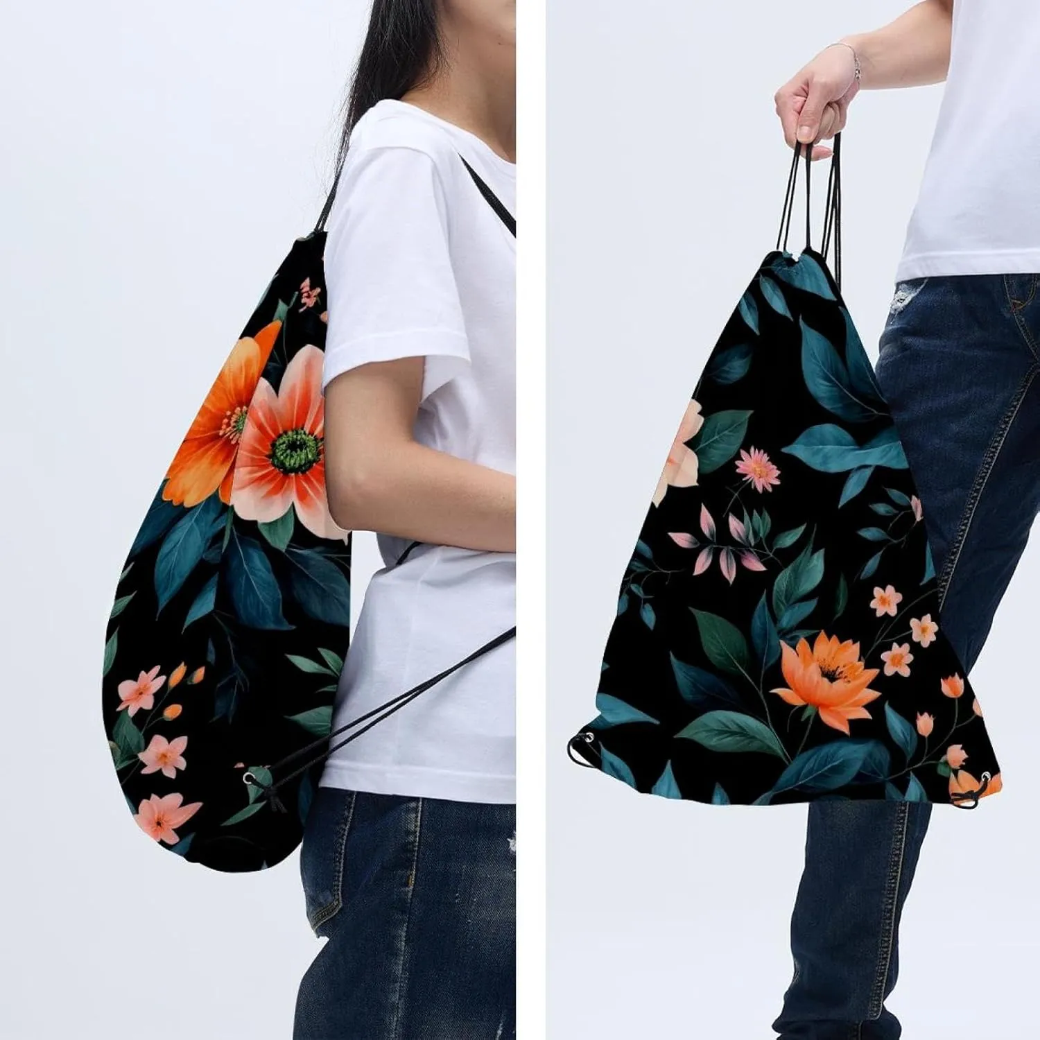 2 Pcs Flowers and Green Leaves Drawstring Backpack String Bag Sports Sack pack Gym Sack Side Pocket for Men Women