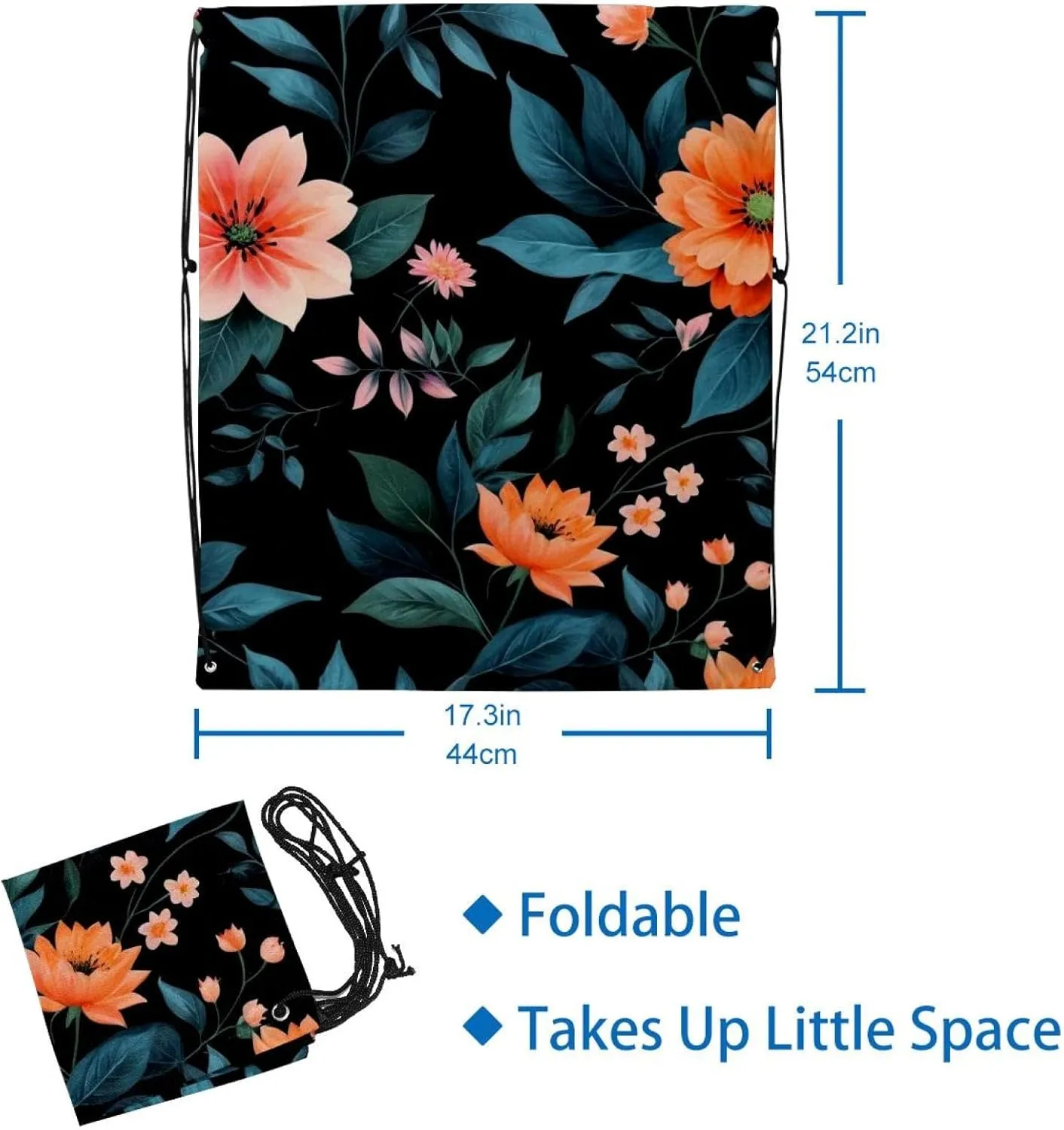 2 Pcs Flowers and Green Leaves Drawstring Backpack String Bag Sports Sack pack Gym Sack Side Pocket for Men Women