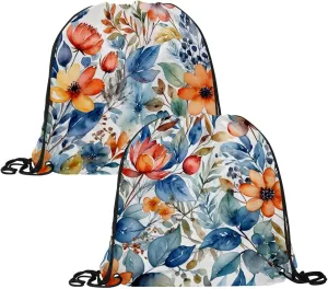 2 Pcs Flowers and Green Leaves Drawstring Backpack String Bag Sports Sack pack Gym Sack Side Pocket for Men Women