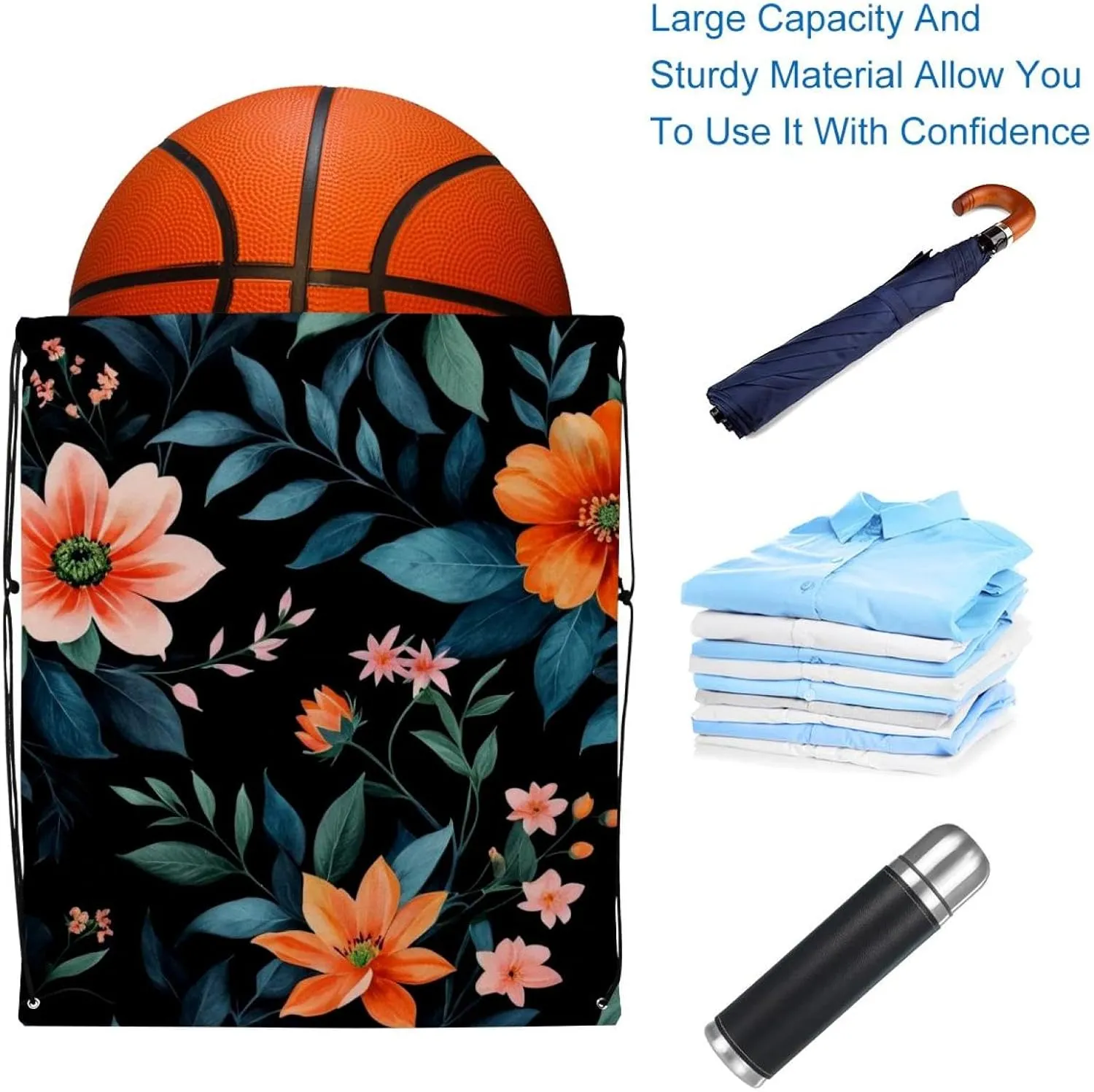 2 Pcs Flowers and Green Leaves Drawstring Backpack String Bag Sports Sack pack Gym Sack Side Pocket for Men Women