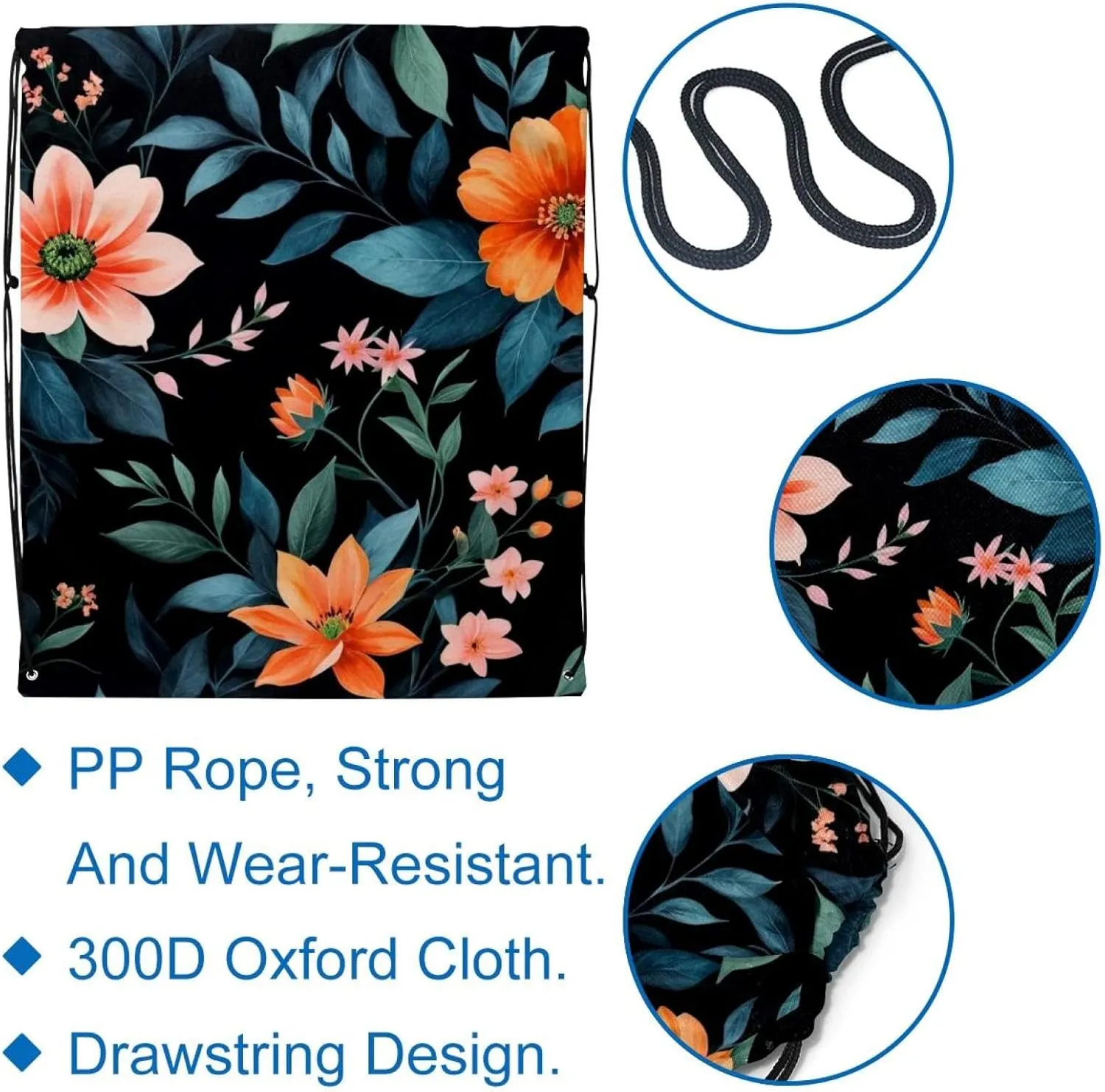 2 Pcs Flowers and Green Leaves Drawstring Backpack String Bag Sports Sack pack Gym Sack Side Pocket for Men Women