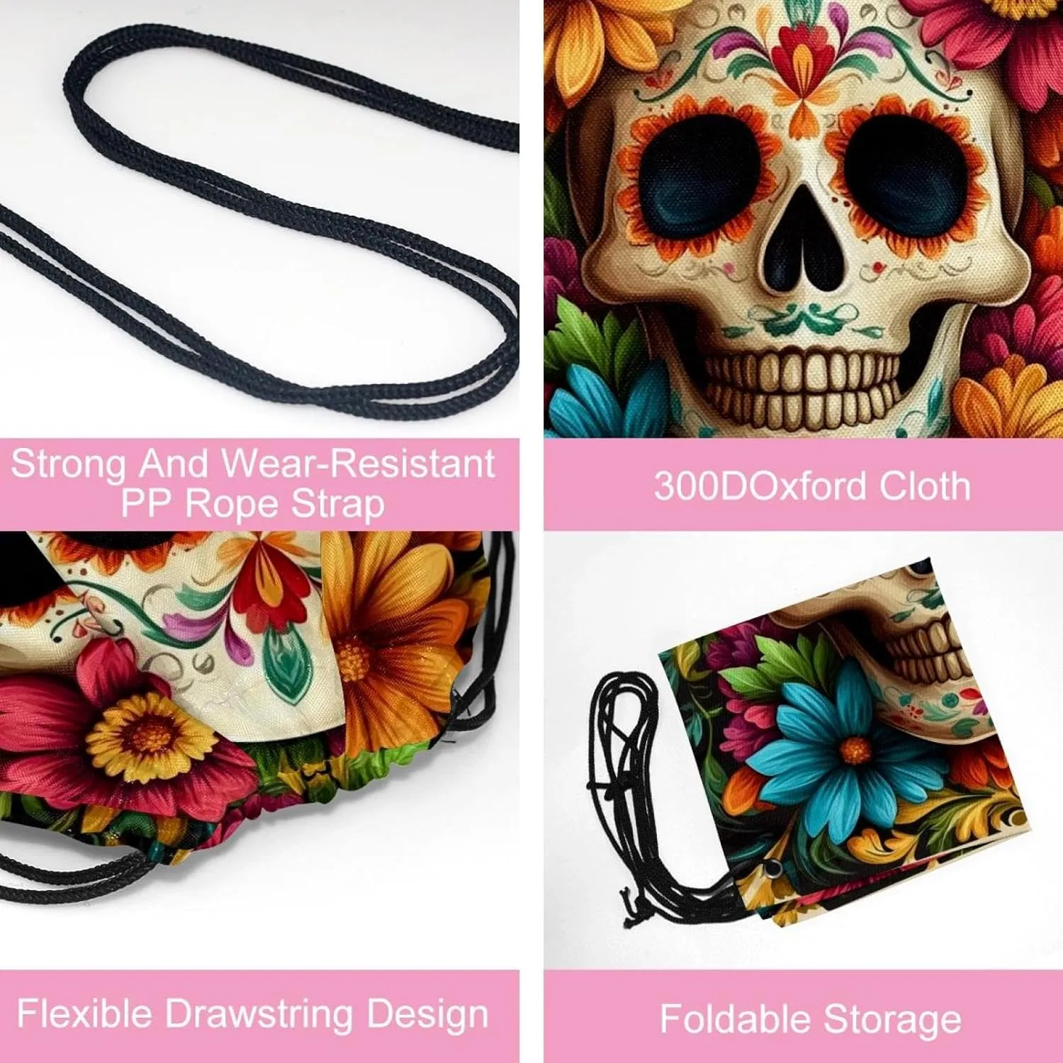 2 Pcs flowers and skull 1 Drawstring Backpack Drawstring Gym Bag Draw String Bag for Sports, Gym, Travel, Swimming, Beach