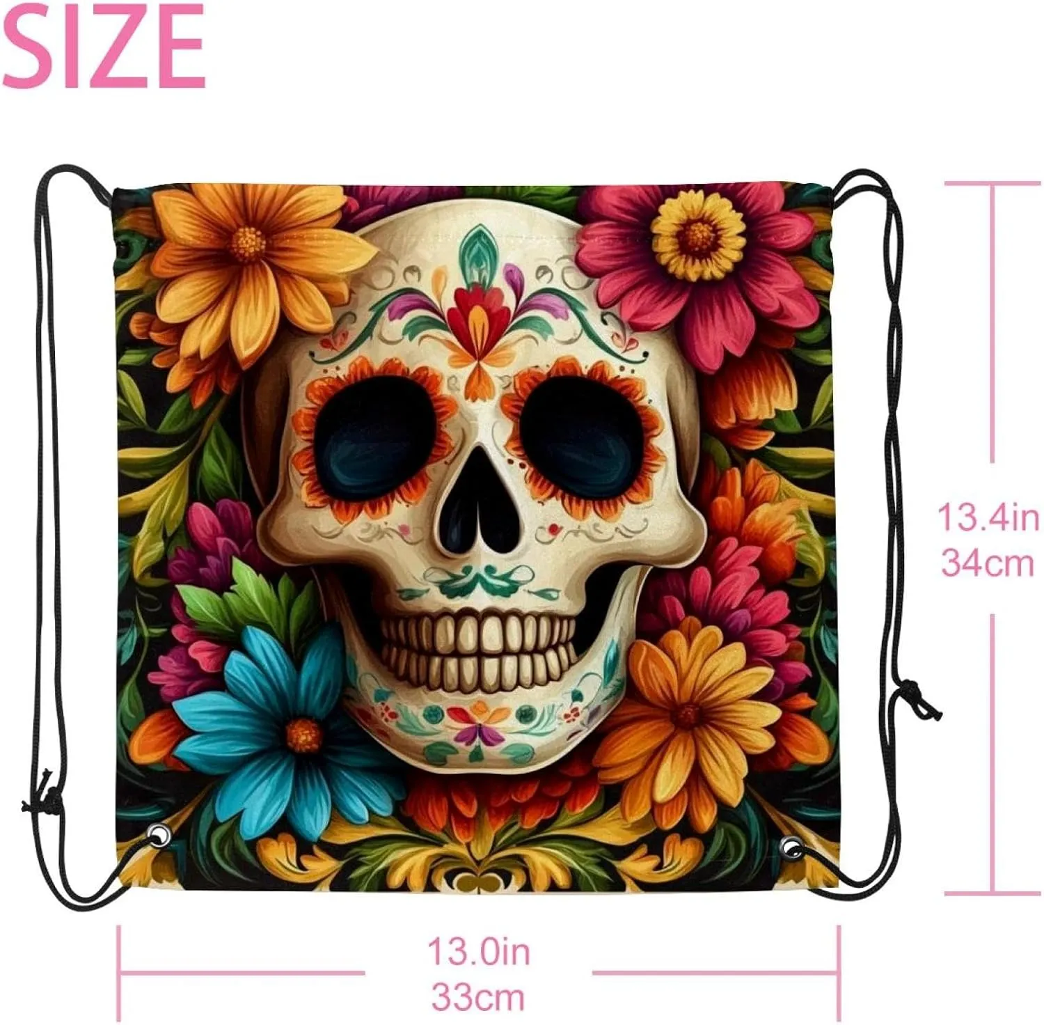2 Pcs flowers and skull 1 Drawstring Backpack Drawstring Gym Bag Draw String Bag for Sports, Gym, Travel, Swimming, Beach