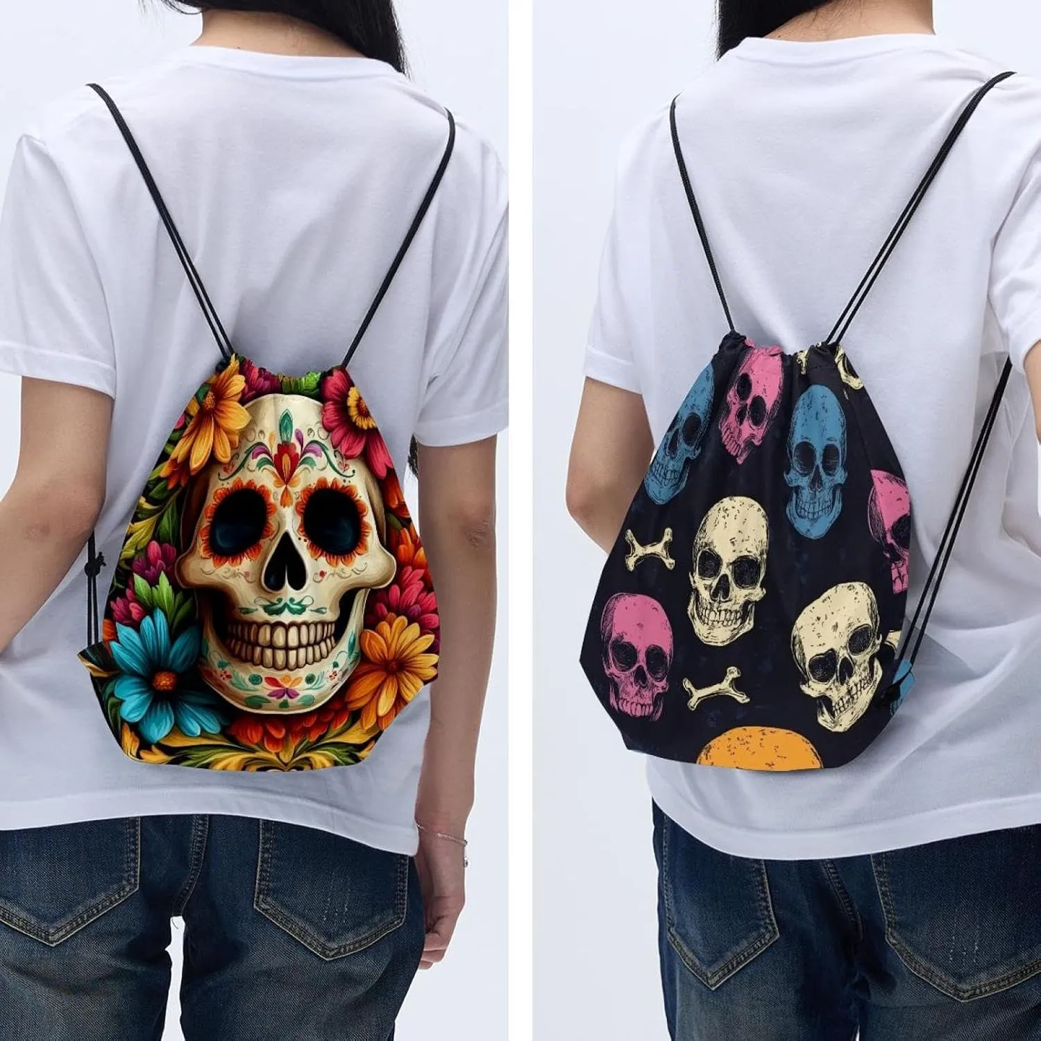2 Pcs flowers and skull 1 Drawstring Backpack Drawstring Gym Bag Draw String Bag for Sports, Gym, Travel, Swimming, Beach