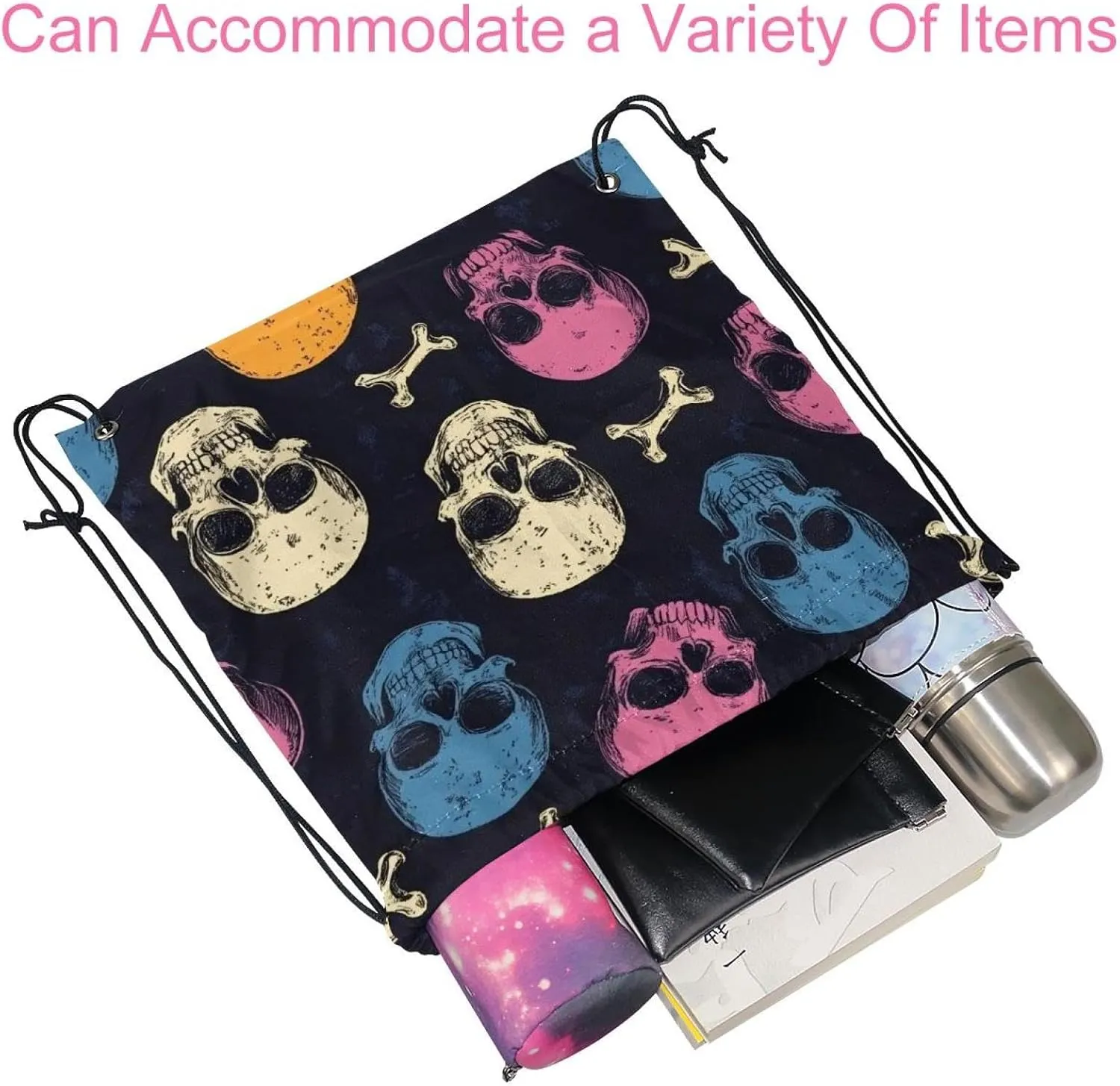 2 Pcs flowers and skull 1 Drawstring Backpack Drawstring Gym Bag Draw String Bag for Sports, Gym, Travel, Swimming, Beach