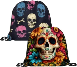 2 Pcs flowers and skull 1 Drawstring Backpack Drawstring Gym Bag Draw String Bag for Sports, Gym, Travel, Swimming, Beach