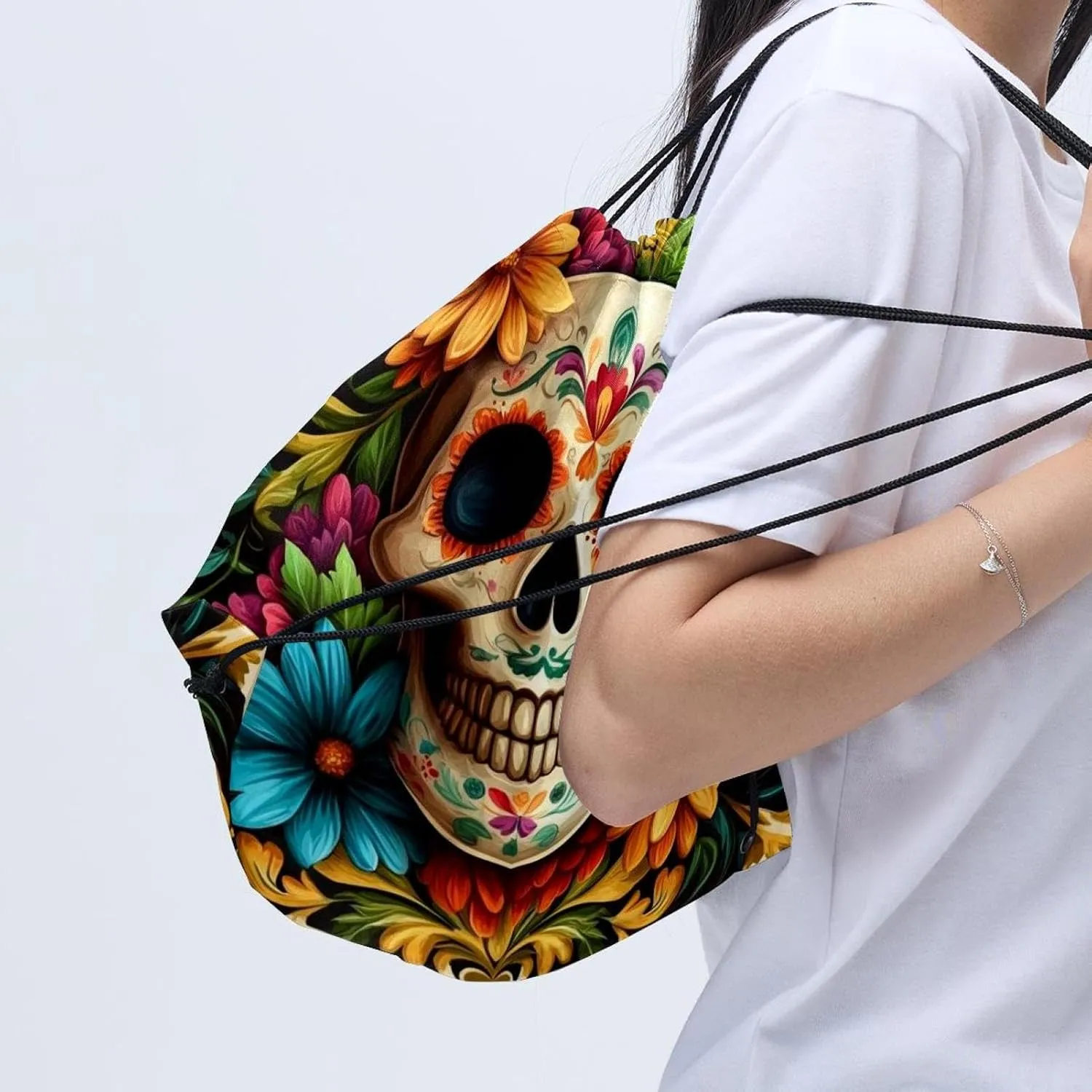 2 Pcs flowers and skull 1 Drawstring Backpack Drawstring Gym Bag Draw String Bag for Sports, Gym, Travel, Swimming, Beach