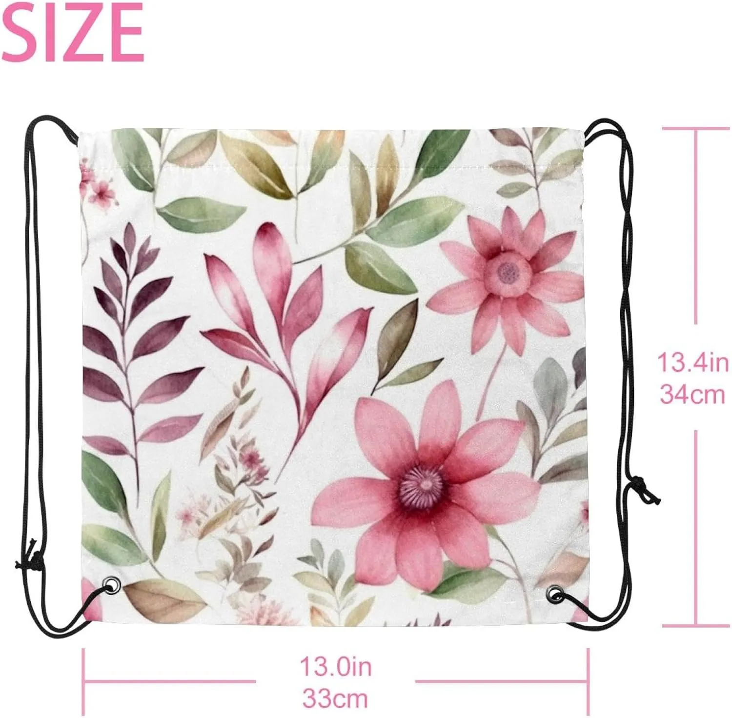 2 Pcs Pink Flowers with Leaves Drawstring Backpack Bag Sport Gym Sack pack