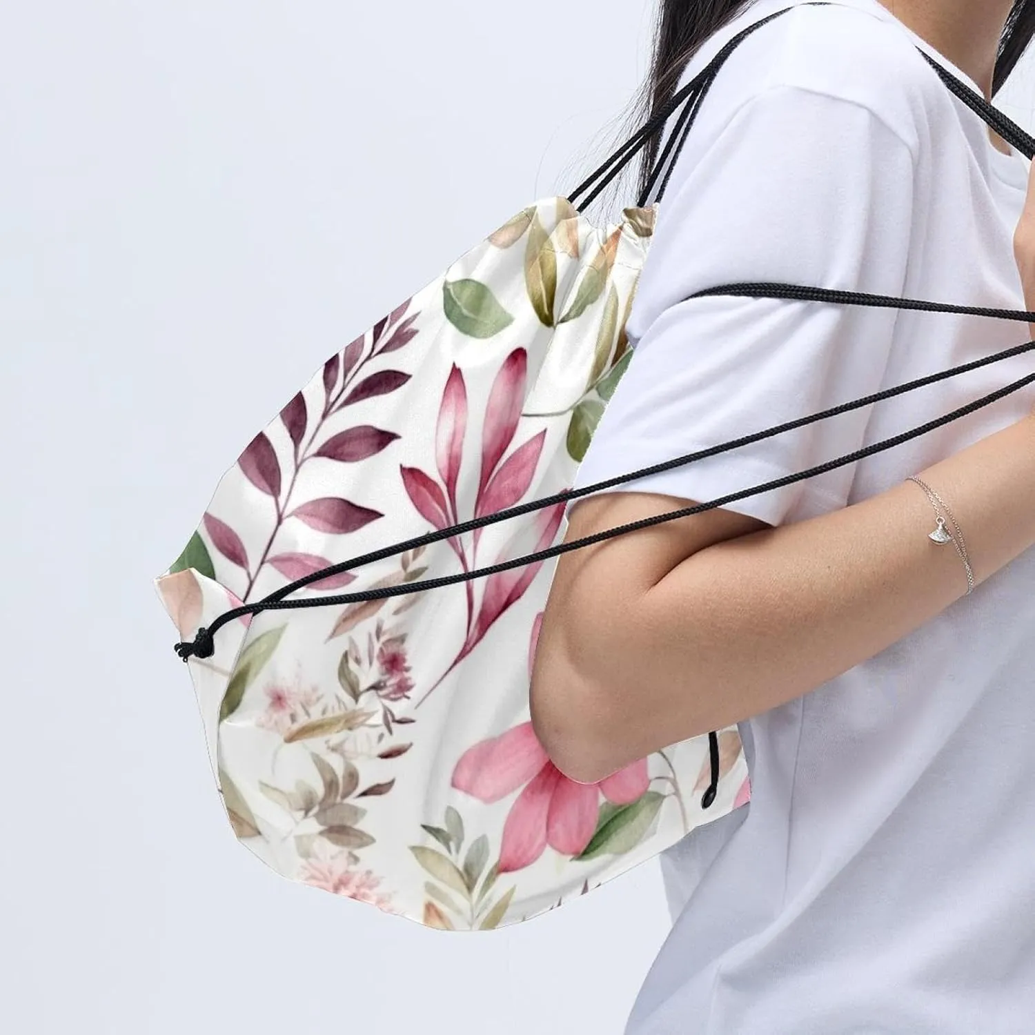 2 Pcs Pink Flowers with Leaves Drawstring Backpack Bag Sport Gym Sack pack