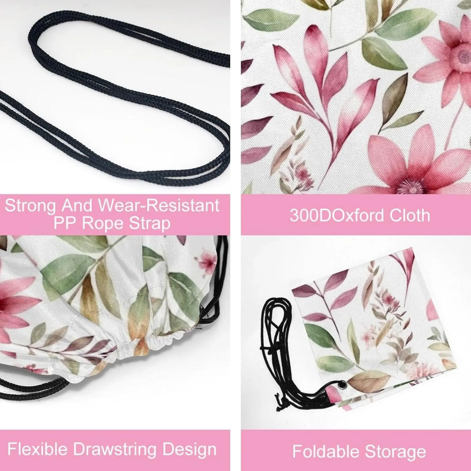 2 Pcs Pink Flowers with Leaves Drawstring Backpack Bag Sport Gym Sack pack