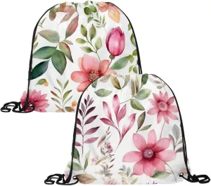 2 Pcs Pink Flowers with Leaves Drawstring Backpack Bag Sport Gym Sack pack